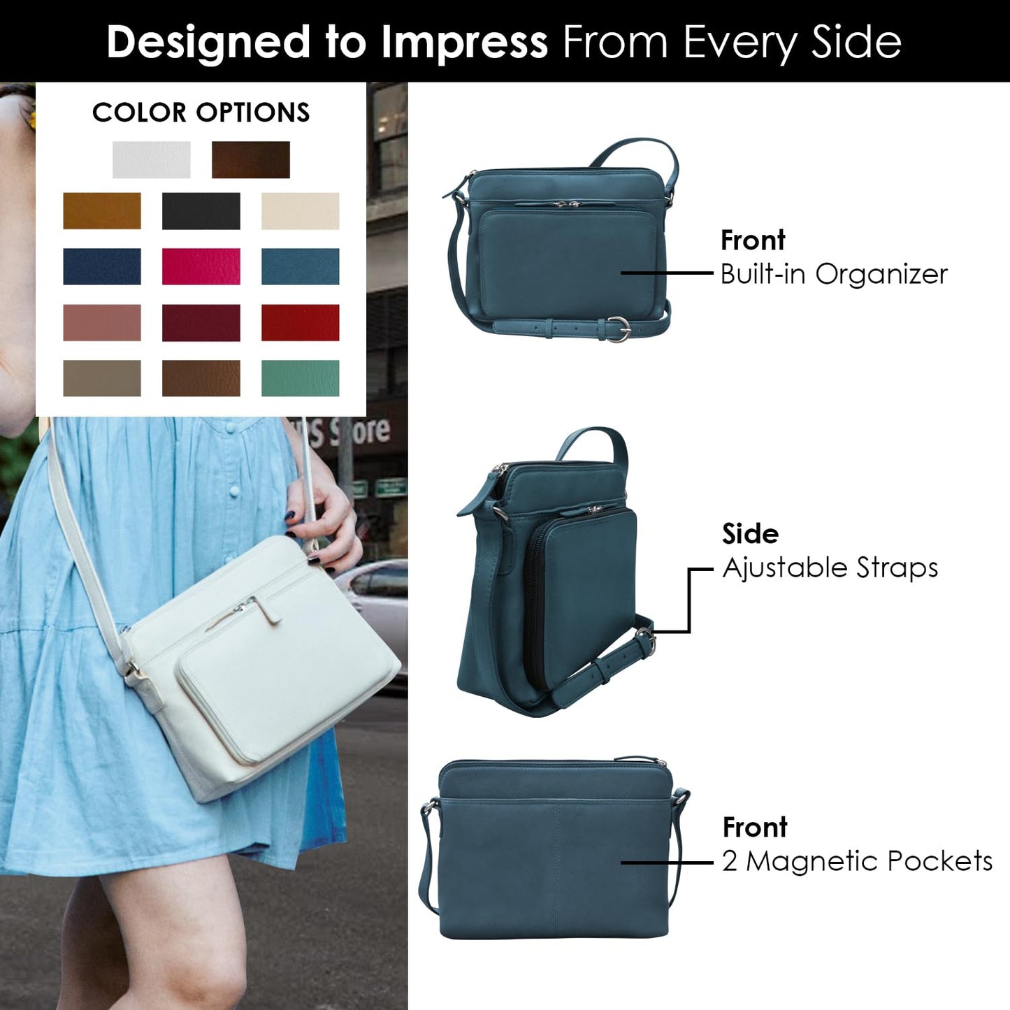 ili New York Genuine Soft Leather Crossbody Bags for Women, RFID-Blocking Shoulder Purses for Women with Built-in Wallet & Compartments, Jeans Blue