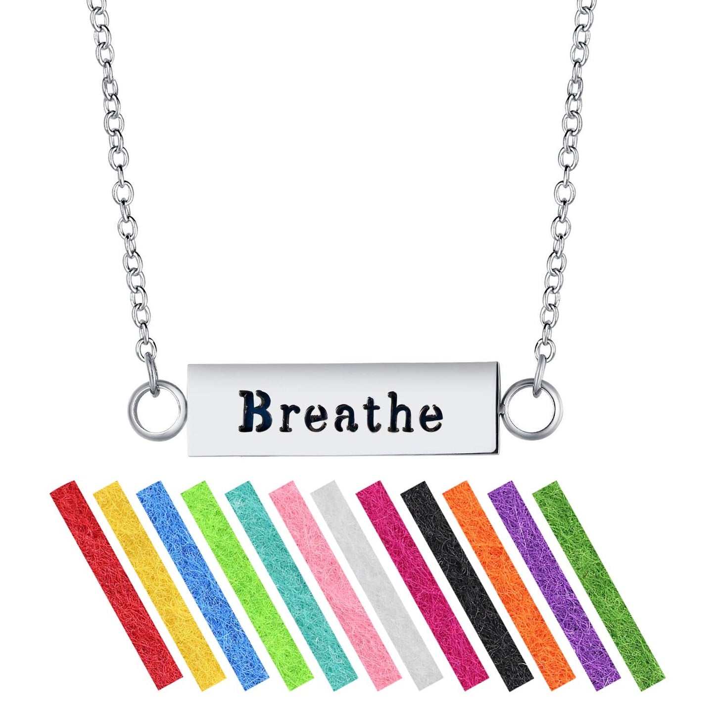 Wild Essentials "Breathe" Essential Oil Diffuser Bar Necklace Gift Set - Includes Aromatherapy Pendant, 24" Stainless Steel Chain, 12 Color Refill Pads