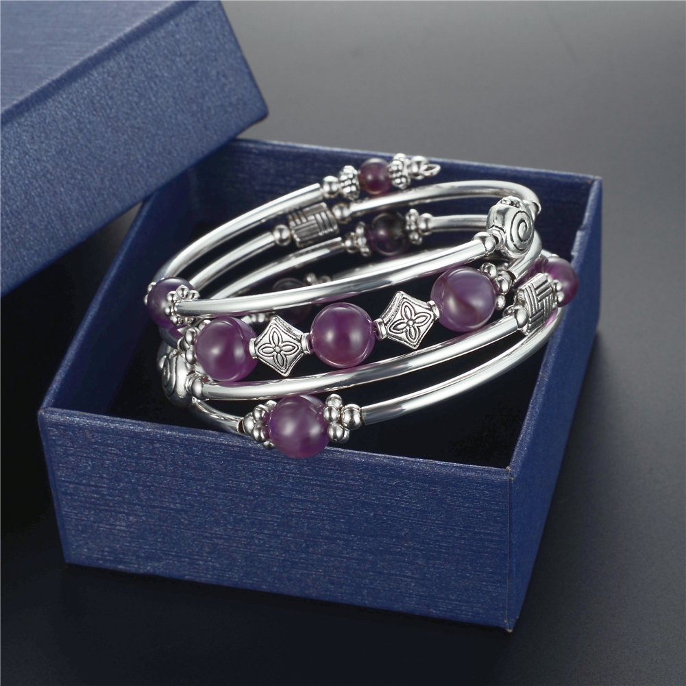 Beaded Pearl Bangle Wrap Bracelet - Fashion Bohemian Jewelry Multilayer Charm Bracelet with Thick Silver Metal Beads, Gift For Women(Purple)
