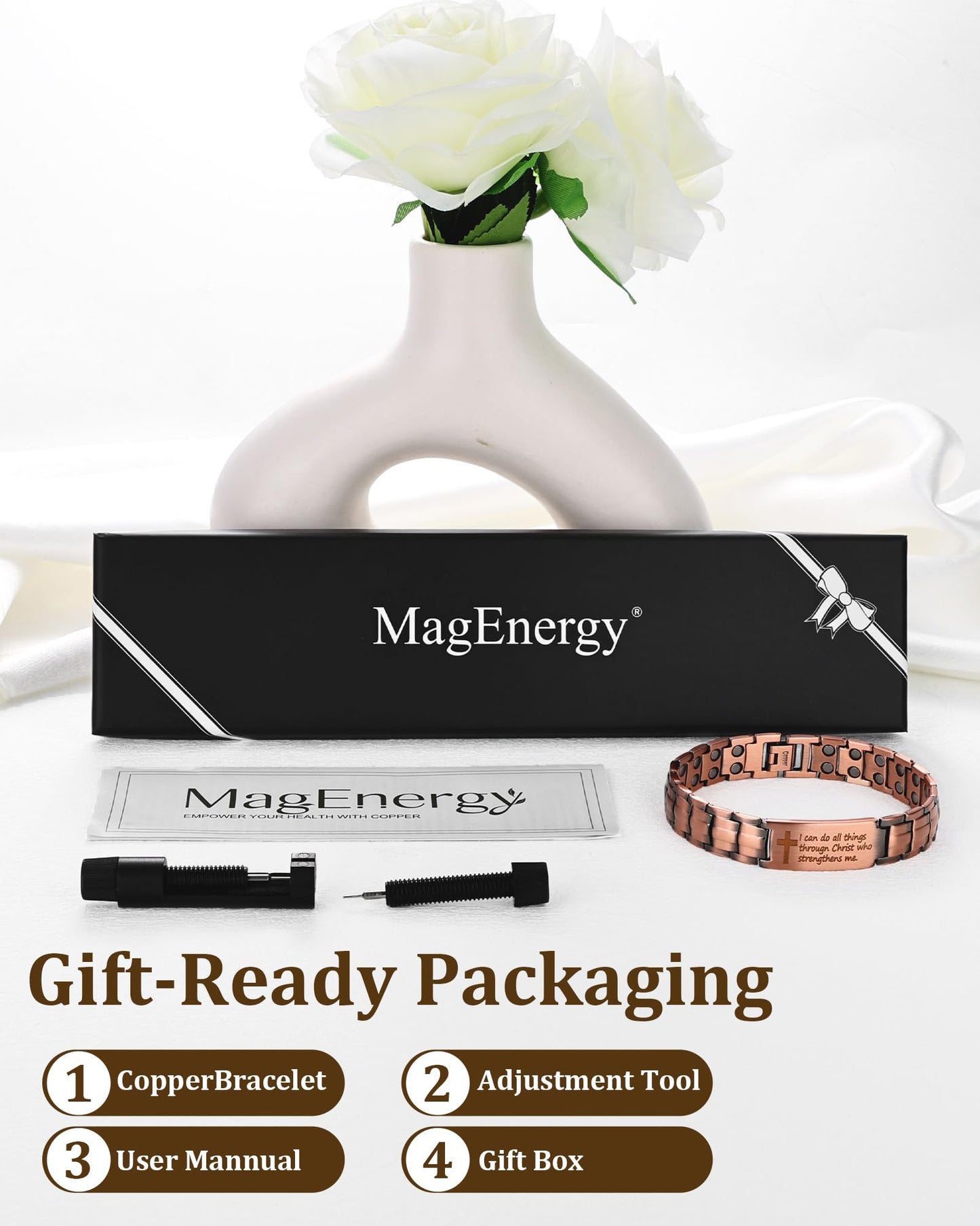 MagEnergy Copper Bracelet For Men, Christian Copper Bracelet For Men, Magnetic Bracelet With Ultra Strength Magnets, Adjustable Biblical Cross Bracelet, Jewelry Gift(Sizing Tool)