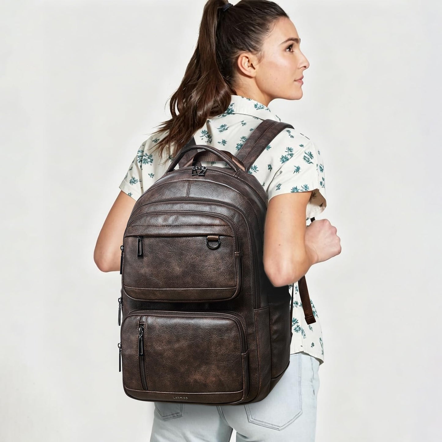 LATMAP Vegan Leather Backpack 17In Laptop Backpack for Women Travel Coffee