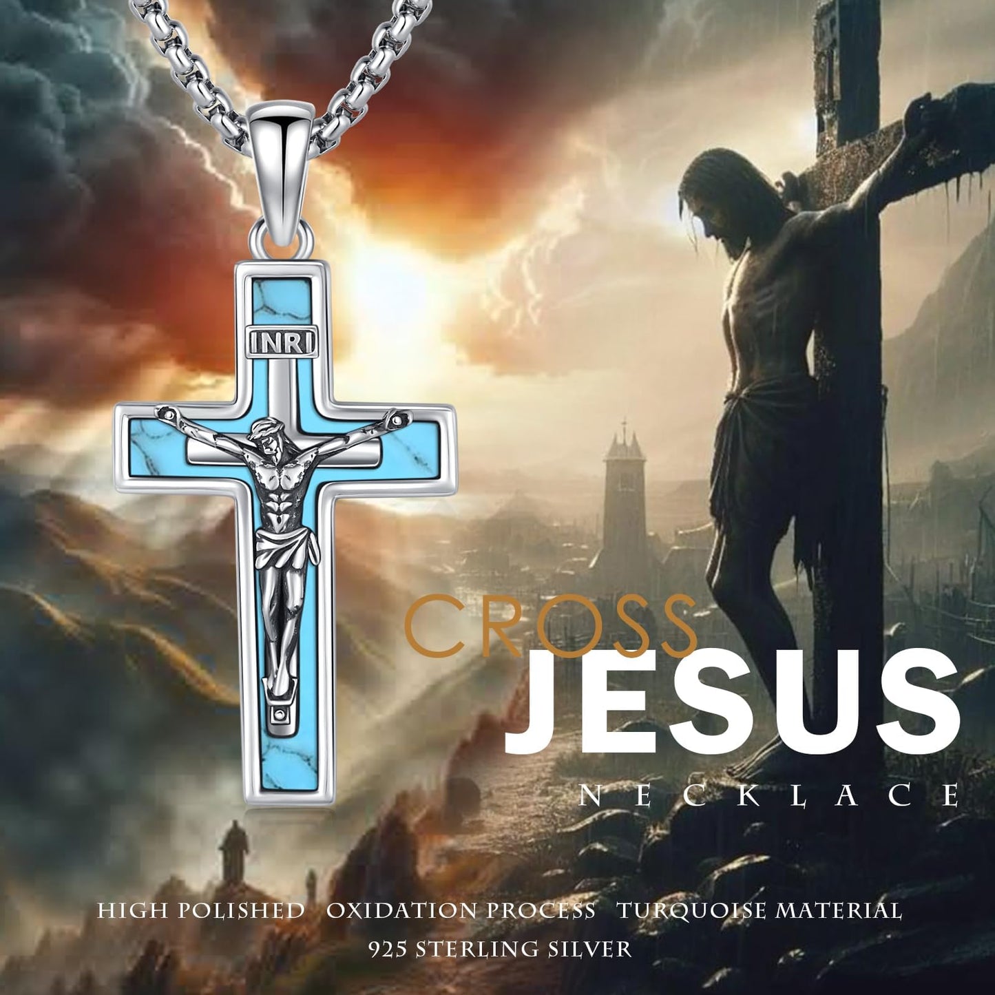 YEESIA Cross Necklace for Women Men 925 Sterling Silver Jesus Crucifix Pendant Necklace with Turquoise Cross Jewelry Gift for Women Men