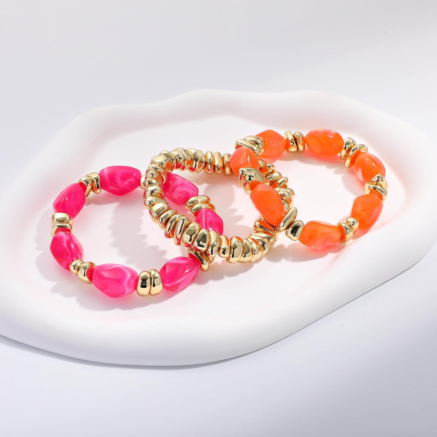 Sajidos Gold Plated Beaded Bracelets for Women Trendy, 14K Gold Plated Stack Cross Pearl Gold Plated Bead Stretch Bracelets Set Elastic Hypoallergenic Bracelets Jewelry Gifts (style13-orangepeachred)