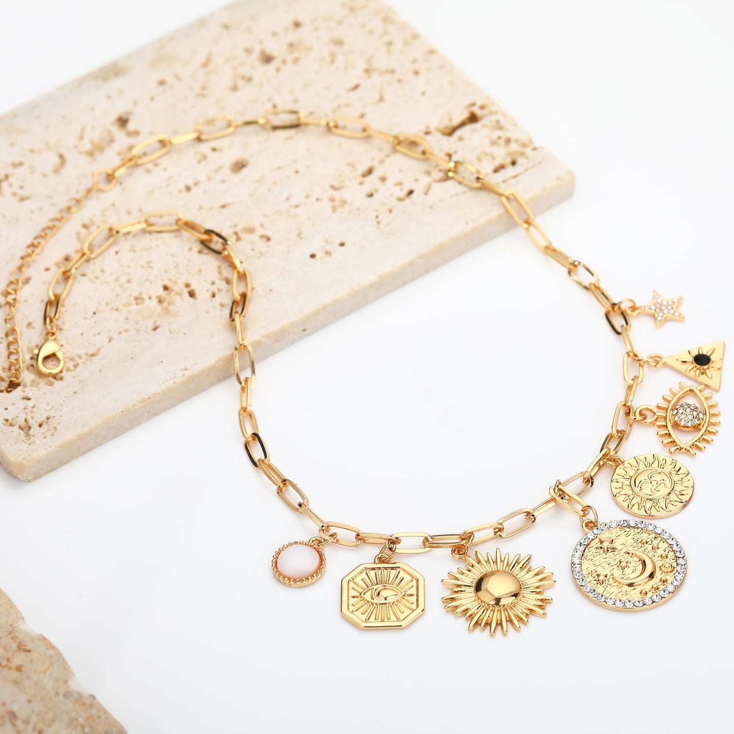 MISS RIGHT Charm Necklace for Women Dainty Gold Evil Eye Coin Lucky Charm Vintage Paperclip Chain Sun Moon Shell Chunky Pendant Necklace Jewelry Gifts Coin