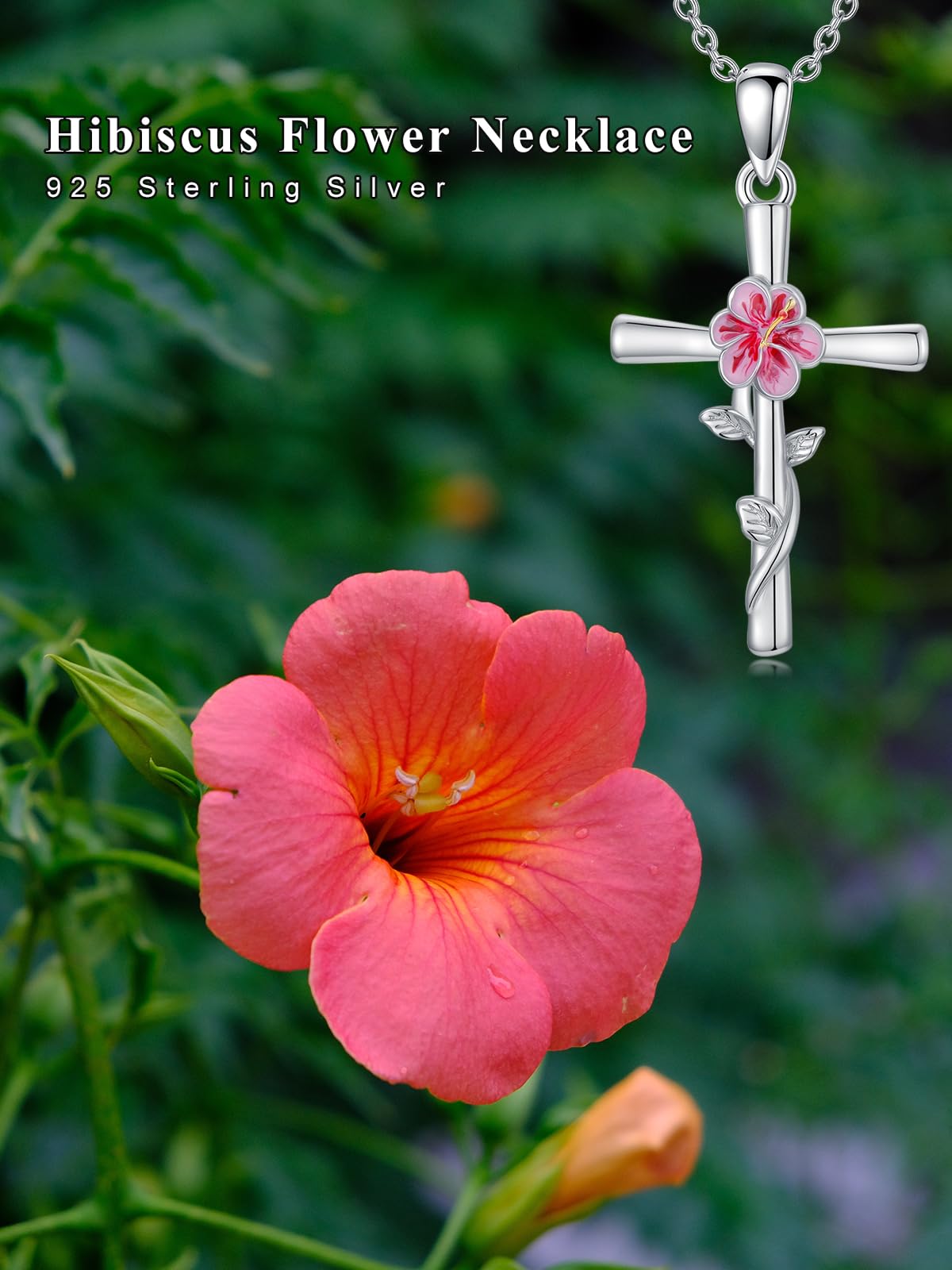 Cargari Hibiscus Cross Necklace for Women 925 Sterling Silver Birth Flower Pendant Hibiscus Flower Necklace Jewelry Floral Gifts for Women