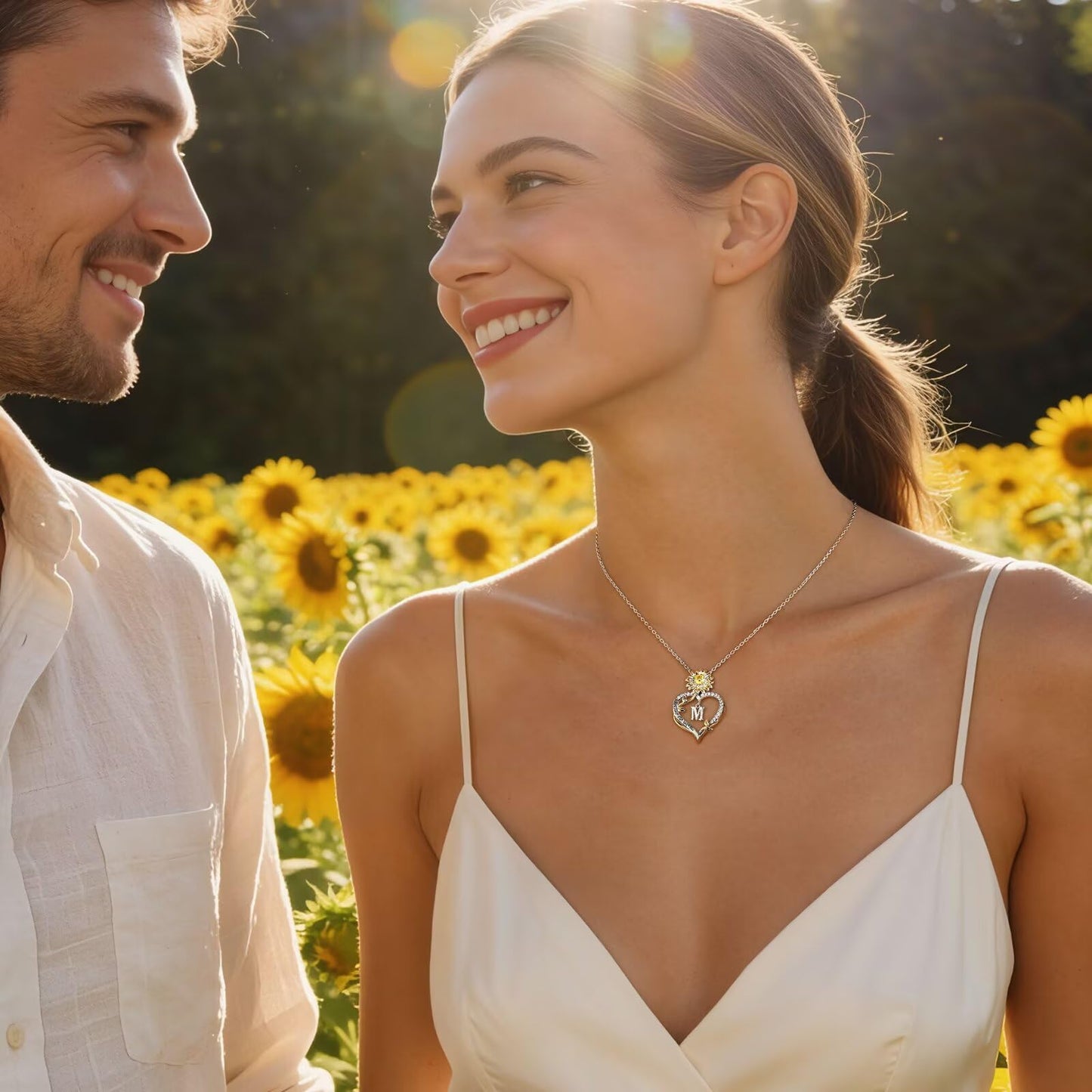 MONOOC Sunflower Initial Necklaces for Women - 14K-White-Gold-Plated Sunflower Gifts for Woman Initial Letter W Necklace Anniversary Birthday Gifts for Women Wife Mom Friends Jewelry Gift