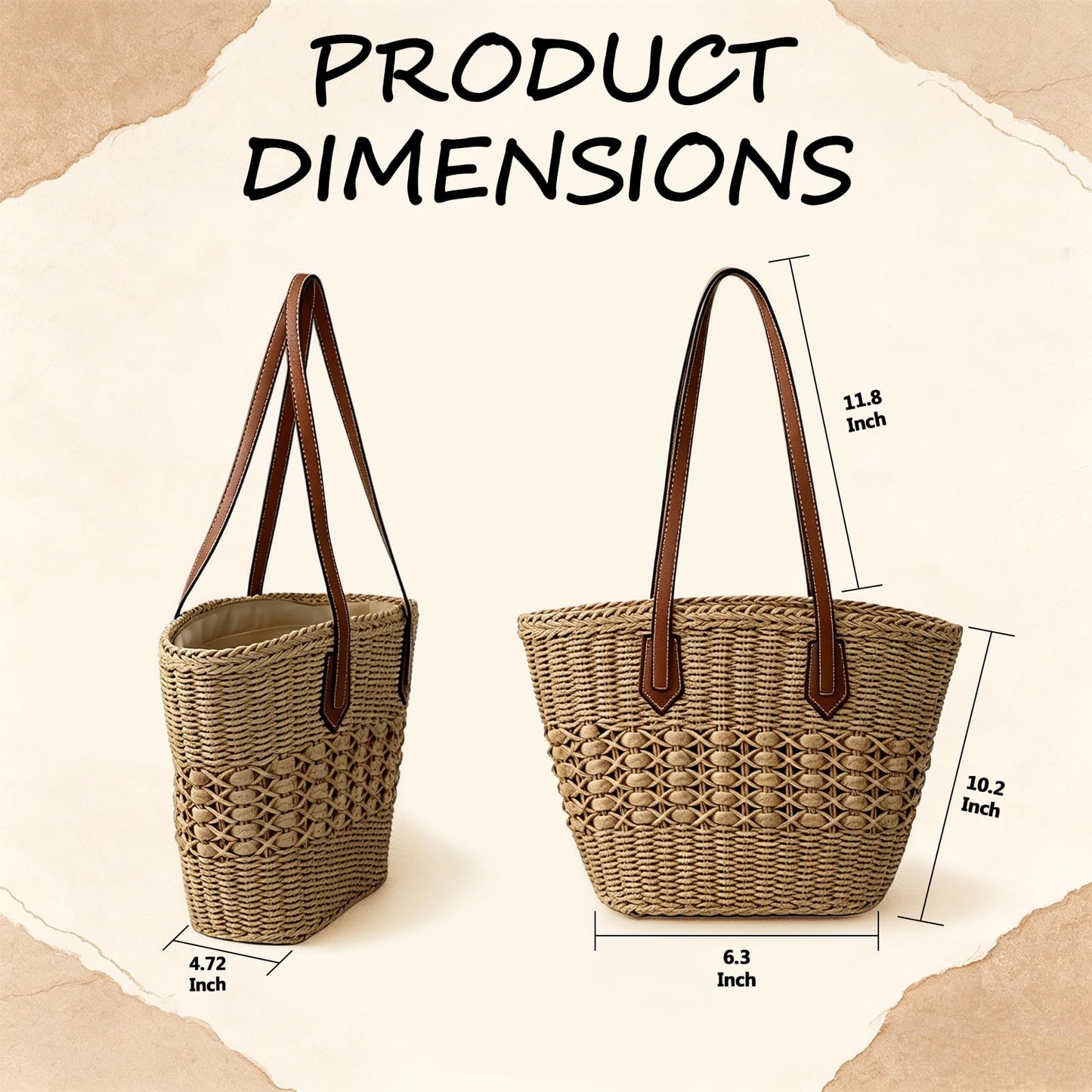OKoriensuntek Straw Tote Bag Woven Beach Bag for Women, Large Capacity Summer Shoulder Bag with Leather Handles, Boho Handwoven Tote for Travel, Beach, Everyday Use,Brown