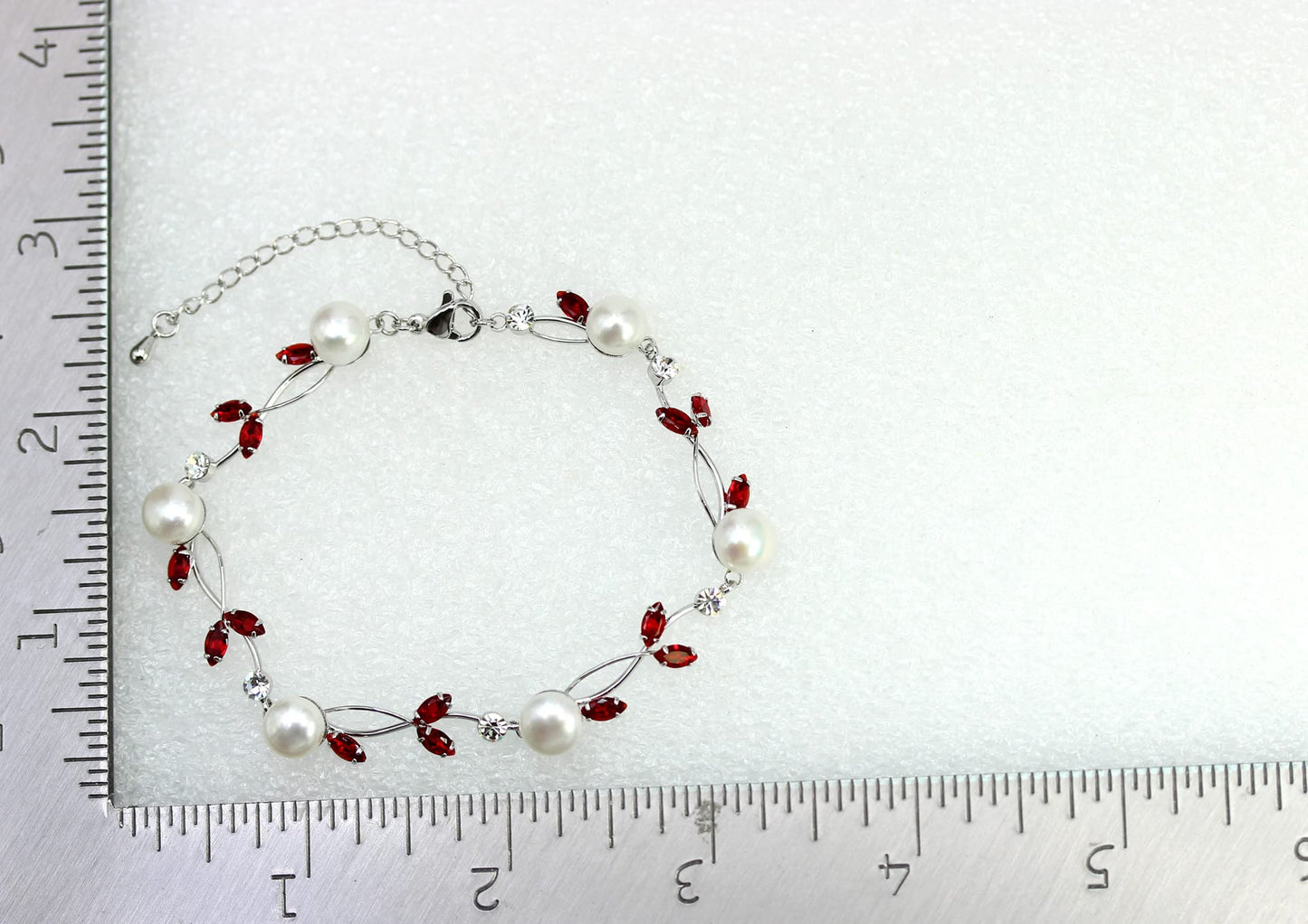 Faship Red CZ Crystal Genuine Freshwater Pearls Floral Bracelet 7.5" - 9.5" - Red/Matching Bracelet