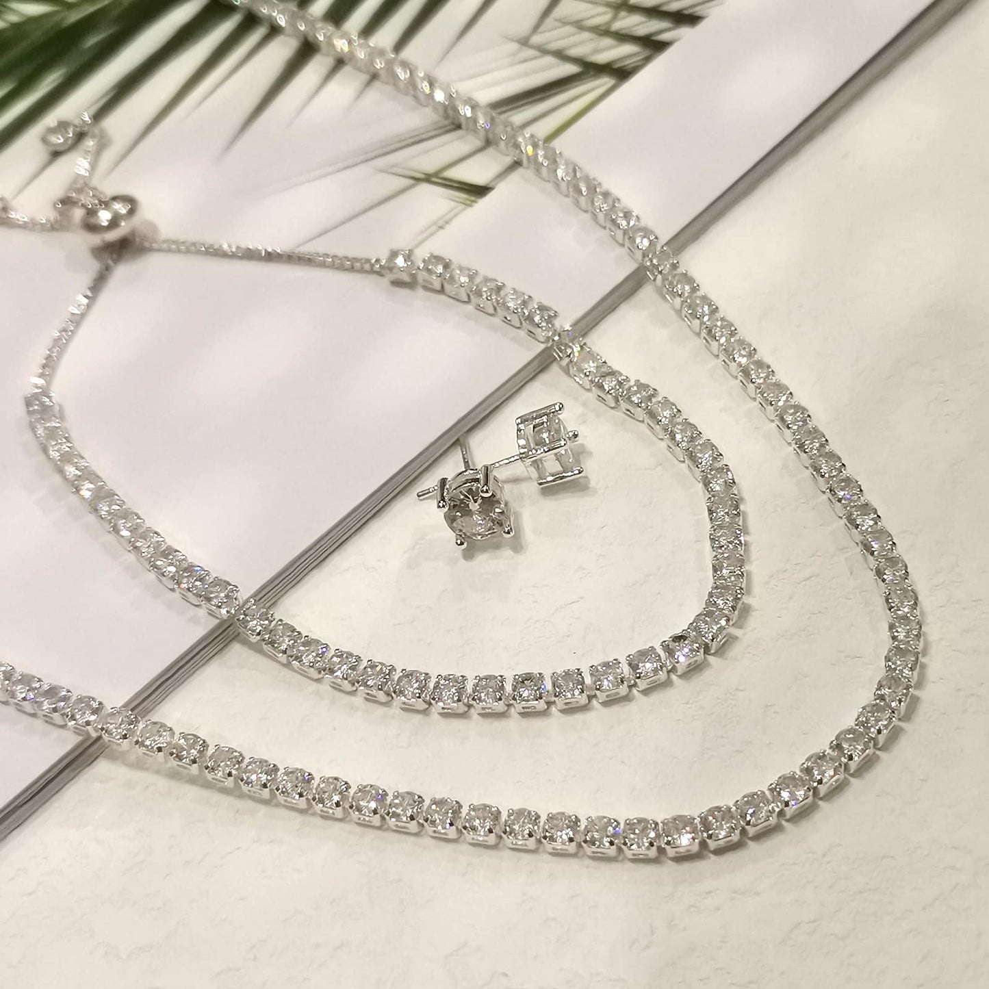 LULII Tennis Necklace Set for Women Dainty Sterling Silver Necklace and Earring Sets Diamond Earrings Crystal Bracelets for Women Silver Jewelry Sets for Bride Gift