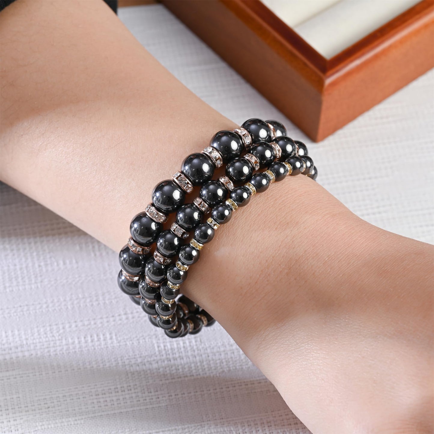 Apocalyptic-K Women's Magnetic Bracelet,Hematite Bracelets,Magnetic Bracelets With Zirconia,Handmade Stretch Bracelet,Eliminates static electricity. (Rose Gold Zirconia,10MM)