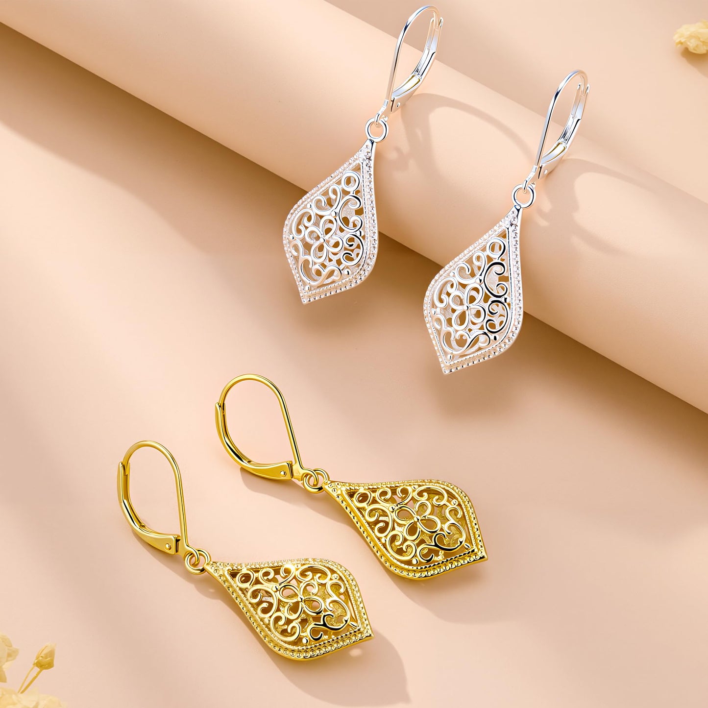 925 Sterling Silver Dangle Earrings for Women, Teardrop Filigree Dangling Leverback Earrings, Silver Waterdrop Hypoallergenic Dangly Drop Earings for Women Trendy Jewelry Gifts