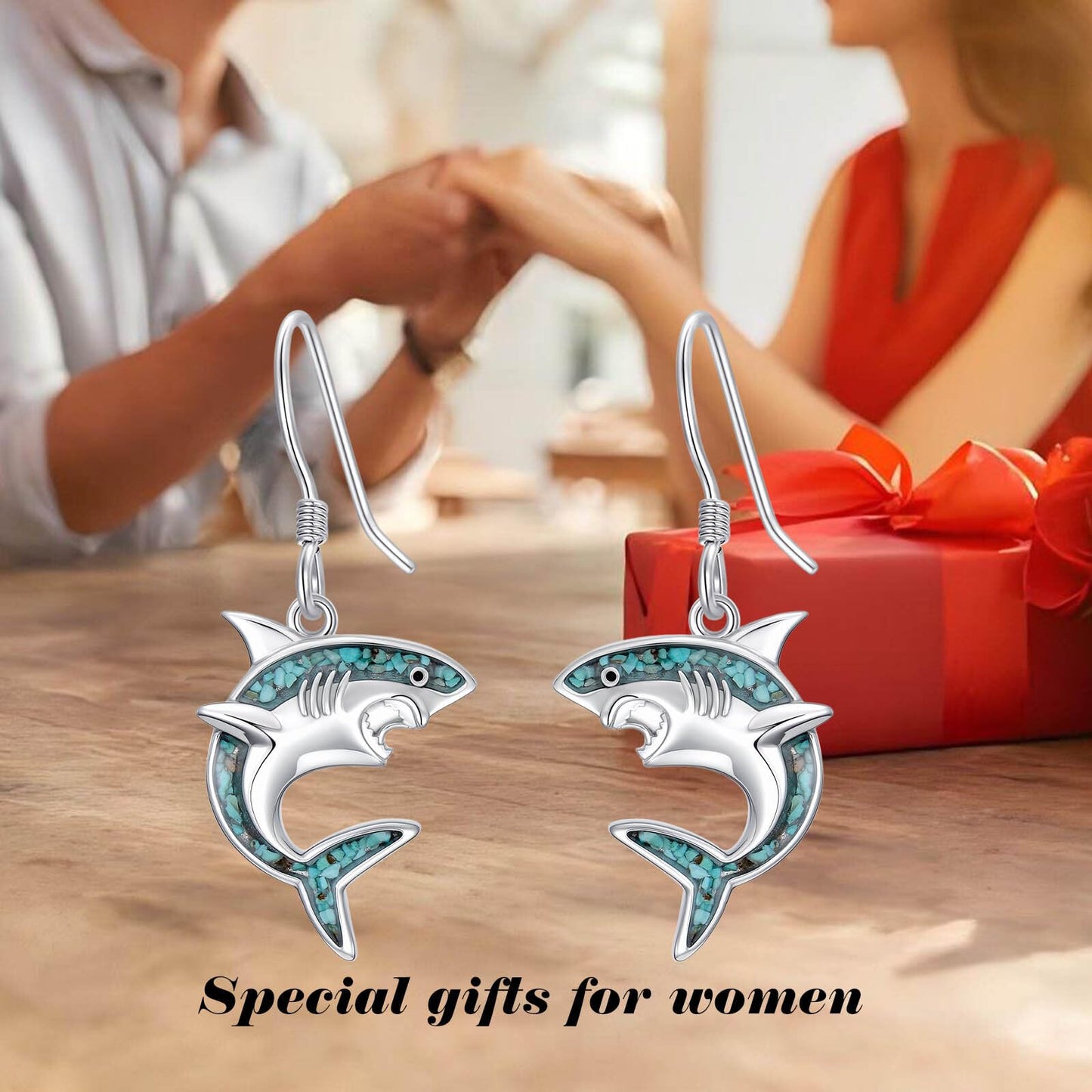 HPQQ Shark Earrings 925 Sterling Silver Turquoise Shark Dangle Earrings Ocean Beach Themed Jewelry Mother's Day Jewelry Gifts for Women