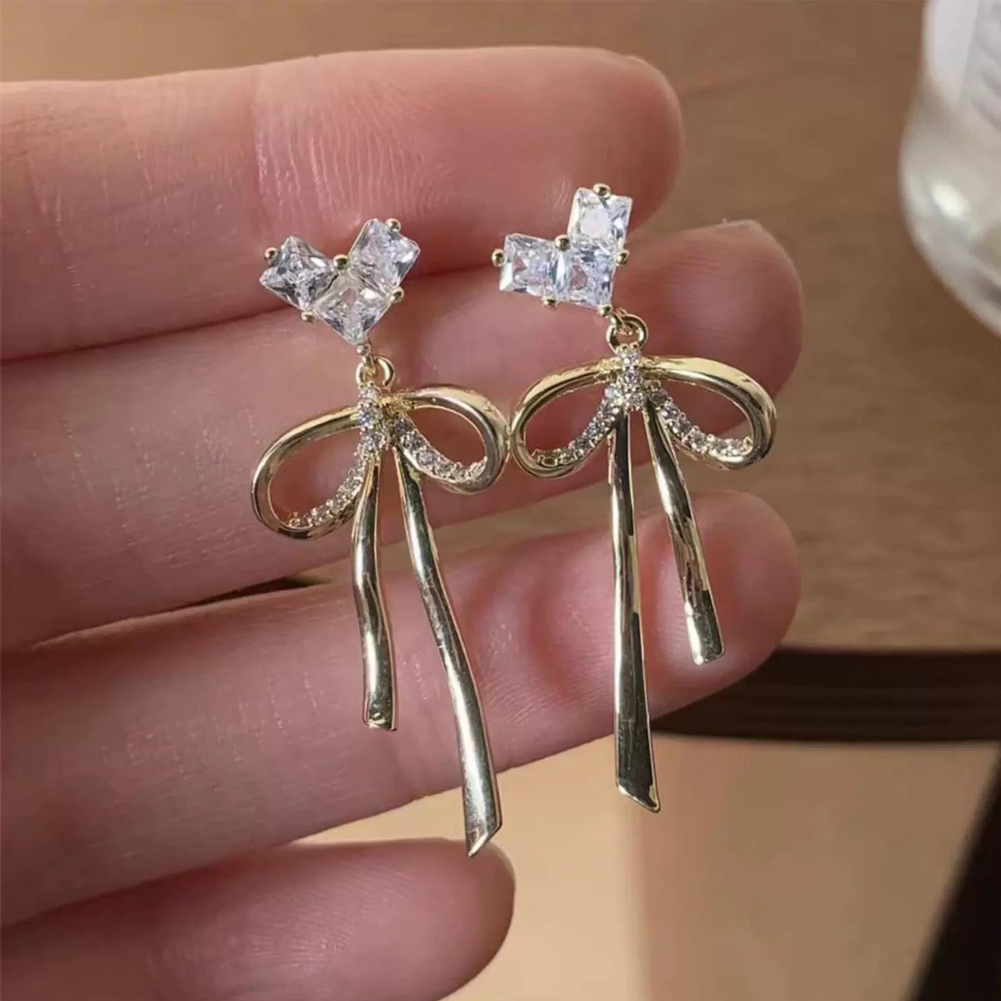WASAIE Dainty Brass Bow Dangle Earrings for Women,14K Gold Plated Brass Elegance Love Heart Cubic Zirconian Bowknot Earrings for Prom Wedding Brides
