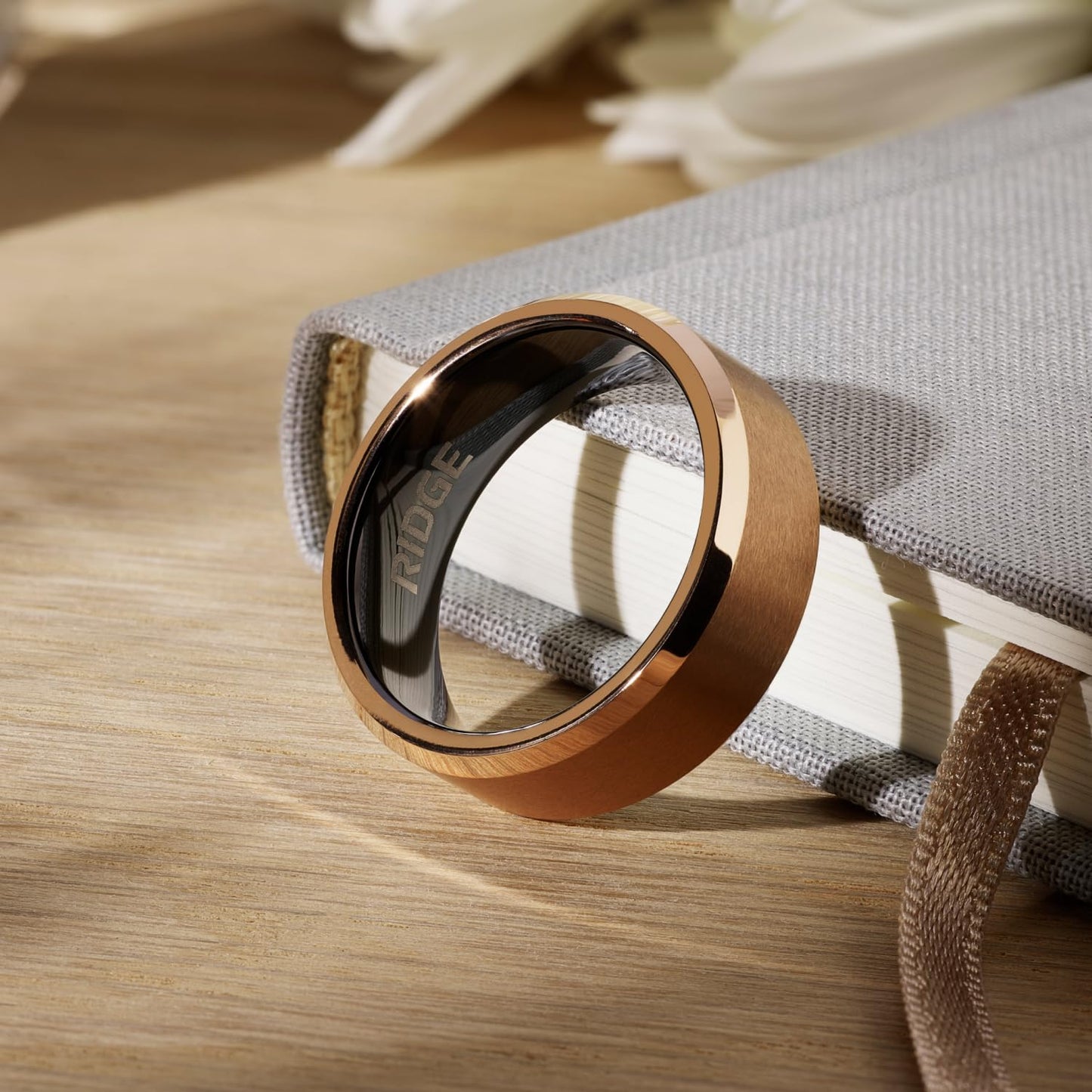 Ridge Beveled Ring Set 8mm - 18K Rose Gold - Tungsten - 7.5