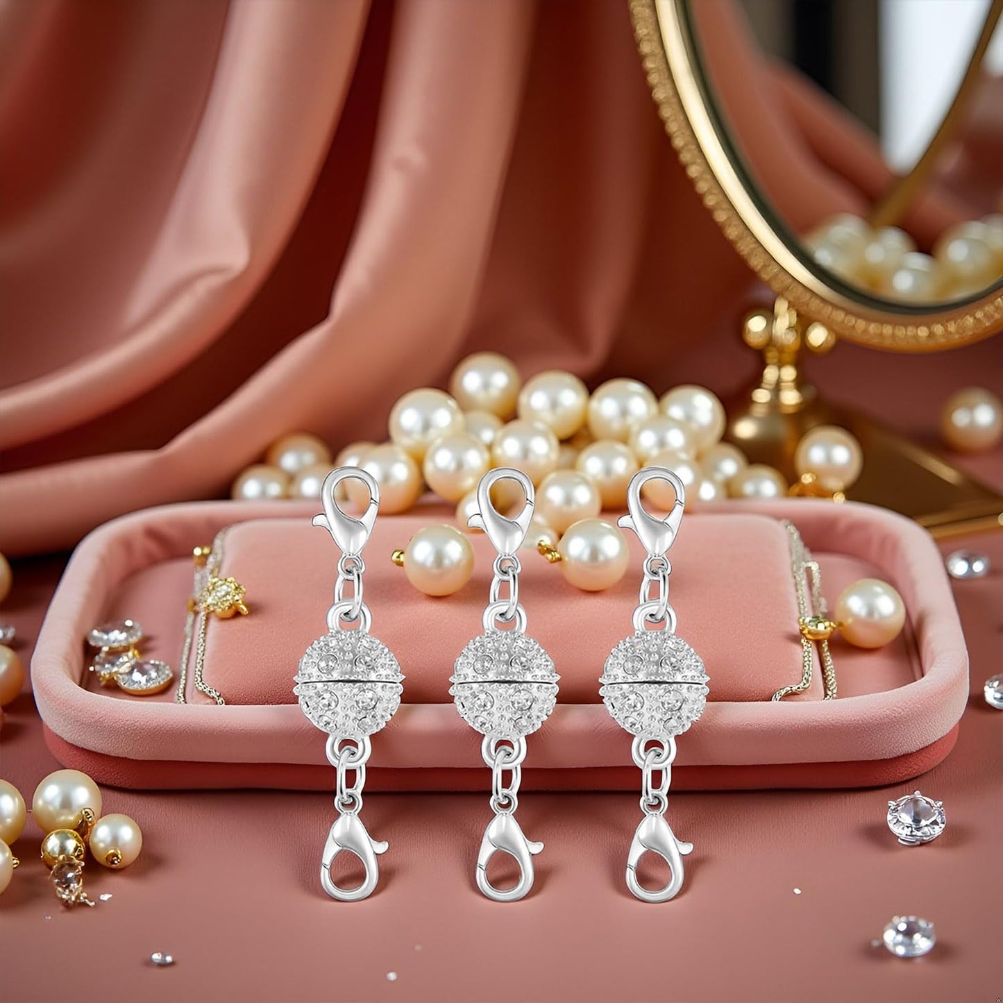 Magnetic Necklace Clasps, 18K Gold and Silver, Crystal Rhinestone Ball Connector with Lobster Clasp, Jewelry Extender for Necklaces, Bracelets (3pcs Golden)