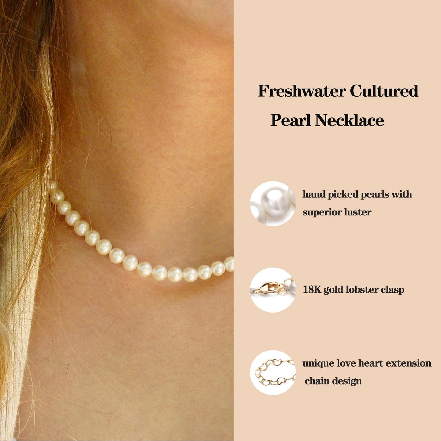 XYJZXY Pearl Necklace, Adjustable 18-Inch Strand, White Pearls 5-6mm, Handmade Jewelry for Her