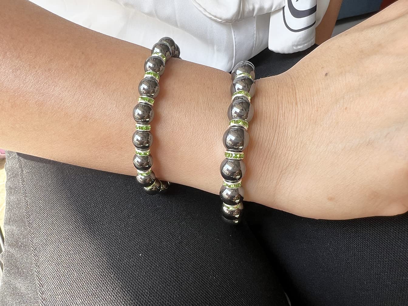 Apocalyptic-K Women's Magnetic Bracelet,Hematite Bracelets,Magnetic Bracelets With Zirconia,Handmade Stretch Bracelet,Eliminates static electricity. (Green Zirconia,8MM)