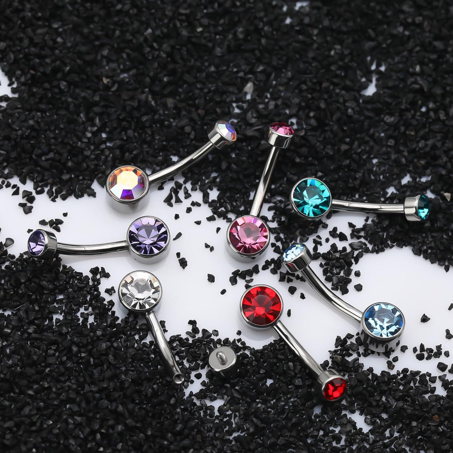 XUU Titanium Belly Button Rings, Black & Silver – 14G Internally Threaded Navel Piercing Jewelry, 10mm & 12mm Curved Barbells with 7 Colors Gems – Hypoallergenic (Silver-Violet cz, 10MM)