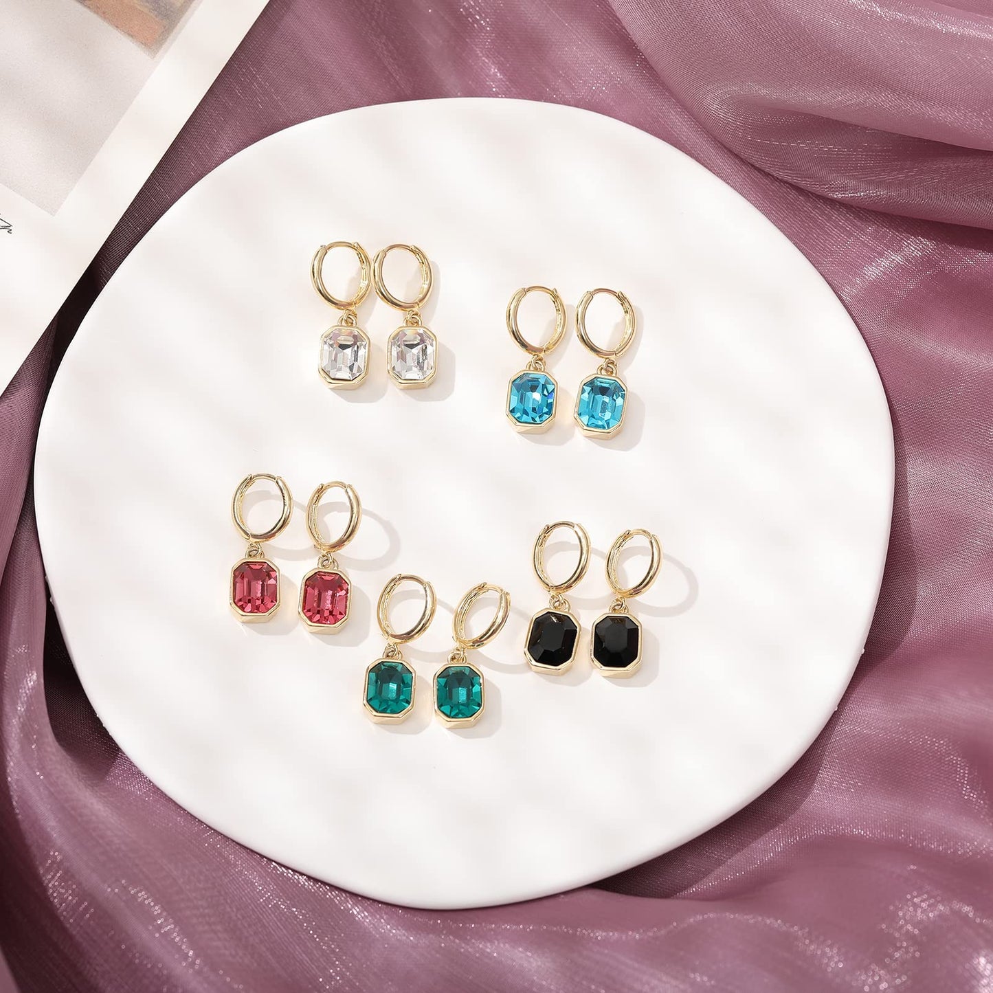 Birthstone Crystal Dangle Drop Earrings, 18K Gold Plated Huggie Hoop Hypoallergenic Earring Jewelry Gifts for Women (Blue)