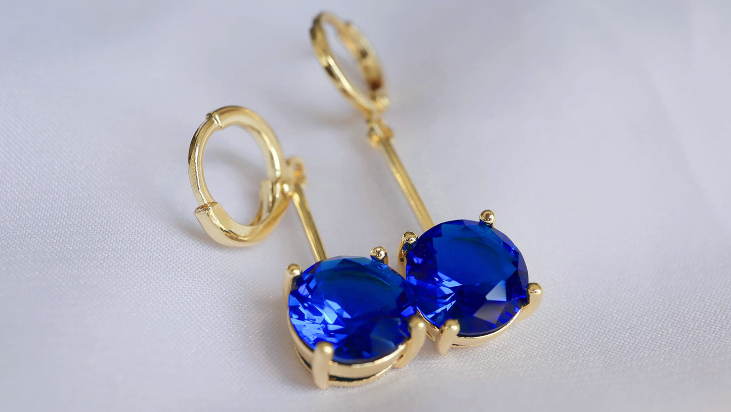 VONSSY Gemstone Drop Dangle Earrings | Platinum/Gold Plated Leverback Crystal Cubic Zirconia Hanging Red/Pink/Blue Earrings (Sapphire Blue-Gold)