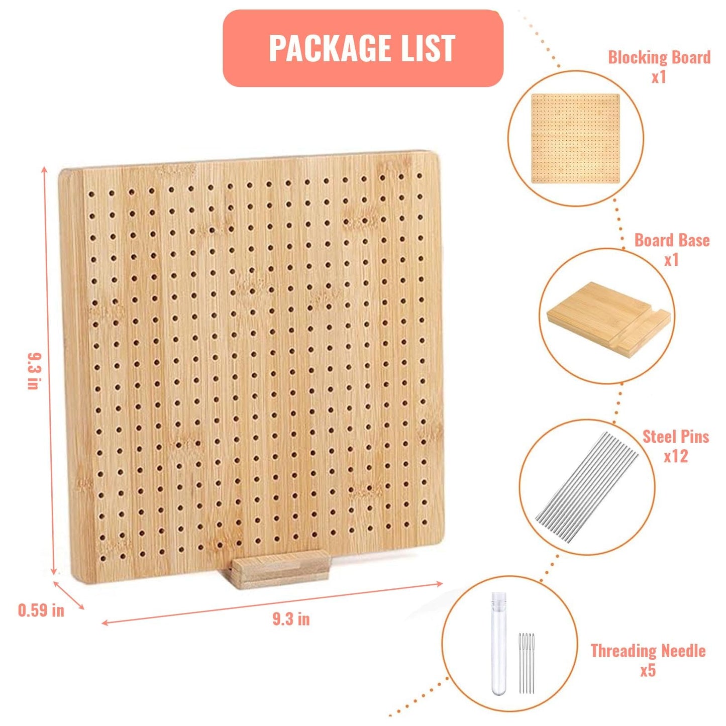 9x9 Inch Crochet Blocking Board, Bamboo Granny Square Blocking Mat with 12 Stainless Steel Pegs, Wooden Base and 5 Yarn Needles, Gifts for Crocheters