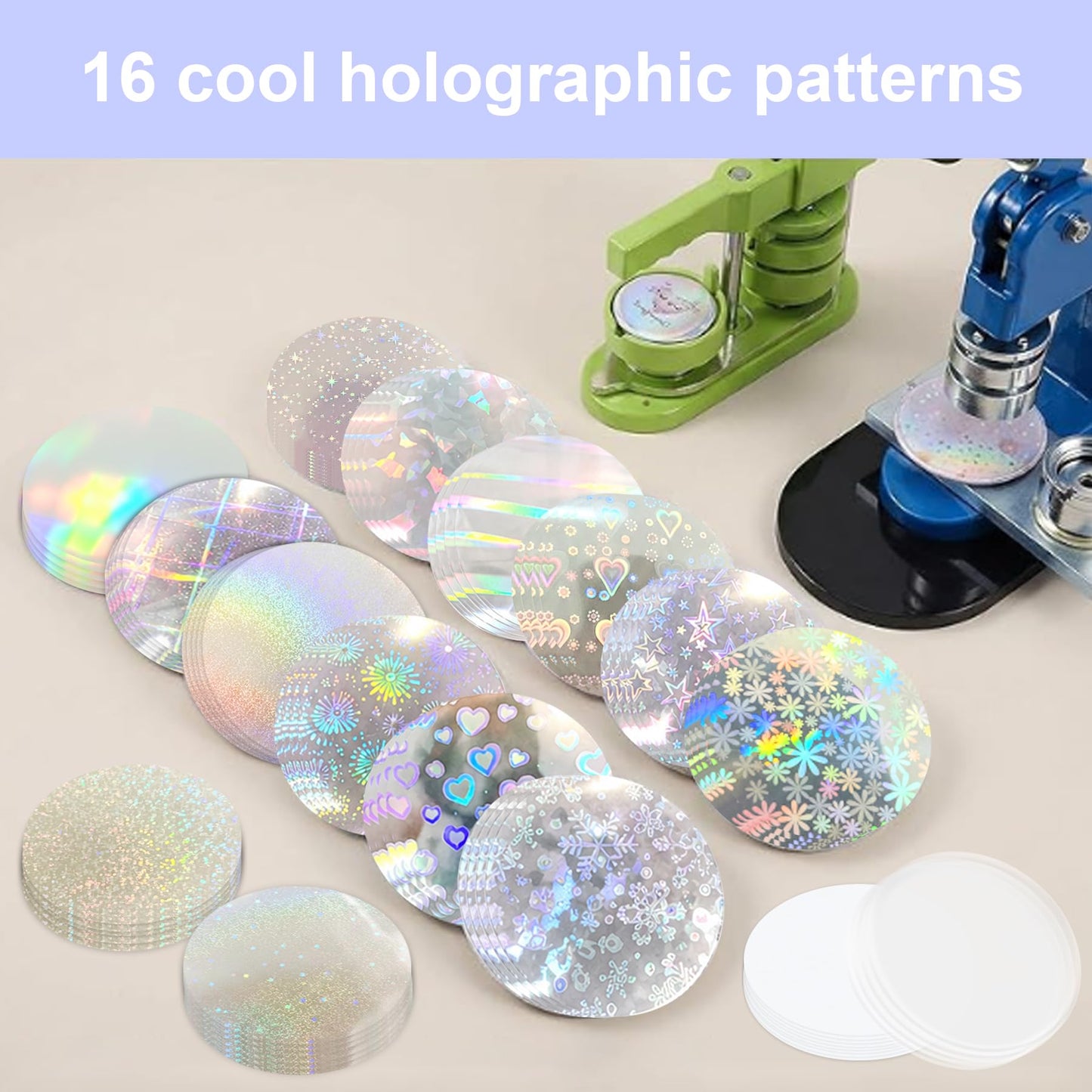 320Pcs Badge Protective Film, Button Maker Accessories Kit with Iridescent Film, 14 Styles Decorative Film, 1 Style Clear & 1 Style Printable Paper Inserts for 2.25 Inch (58mm) Badges