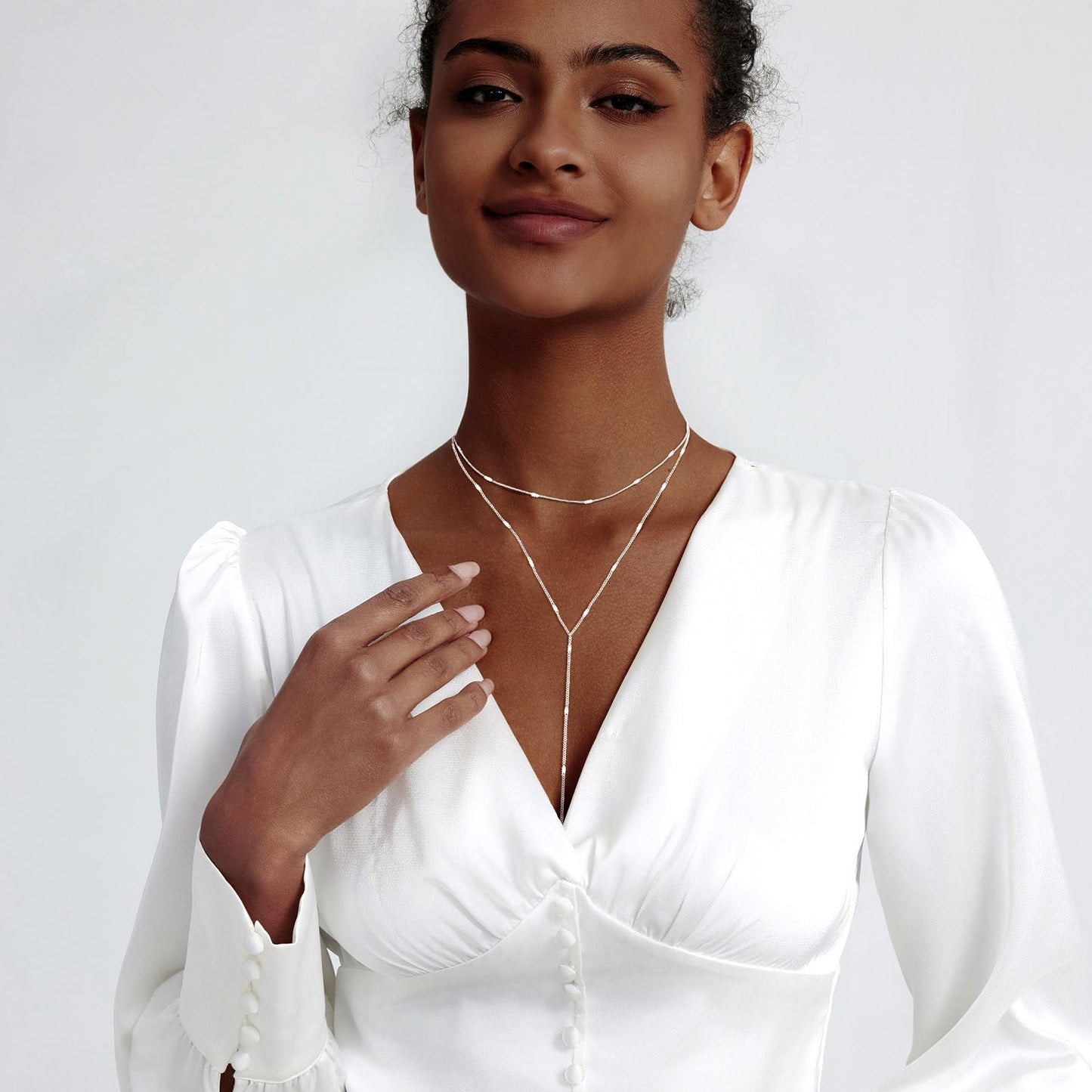 Zeffy Dainty Long Silver Necklaces for Women Trendy Lariat Y Necklace Layered Bar Drop Necklaces Simple Y-Shaped Chain Jewelry Gift