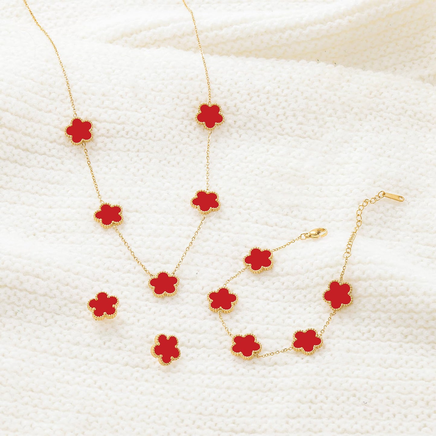 Qinpan Five Leaf Clover Necklace Bracelet and Stud Earrings Set for Women Lucky Flower Jewelry (Red-14K Gold Plated)