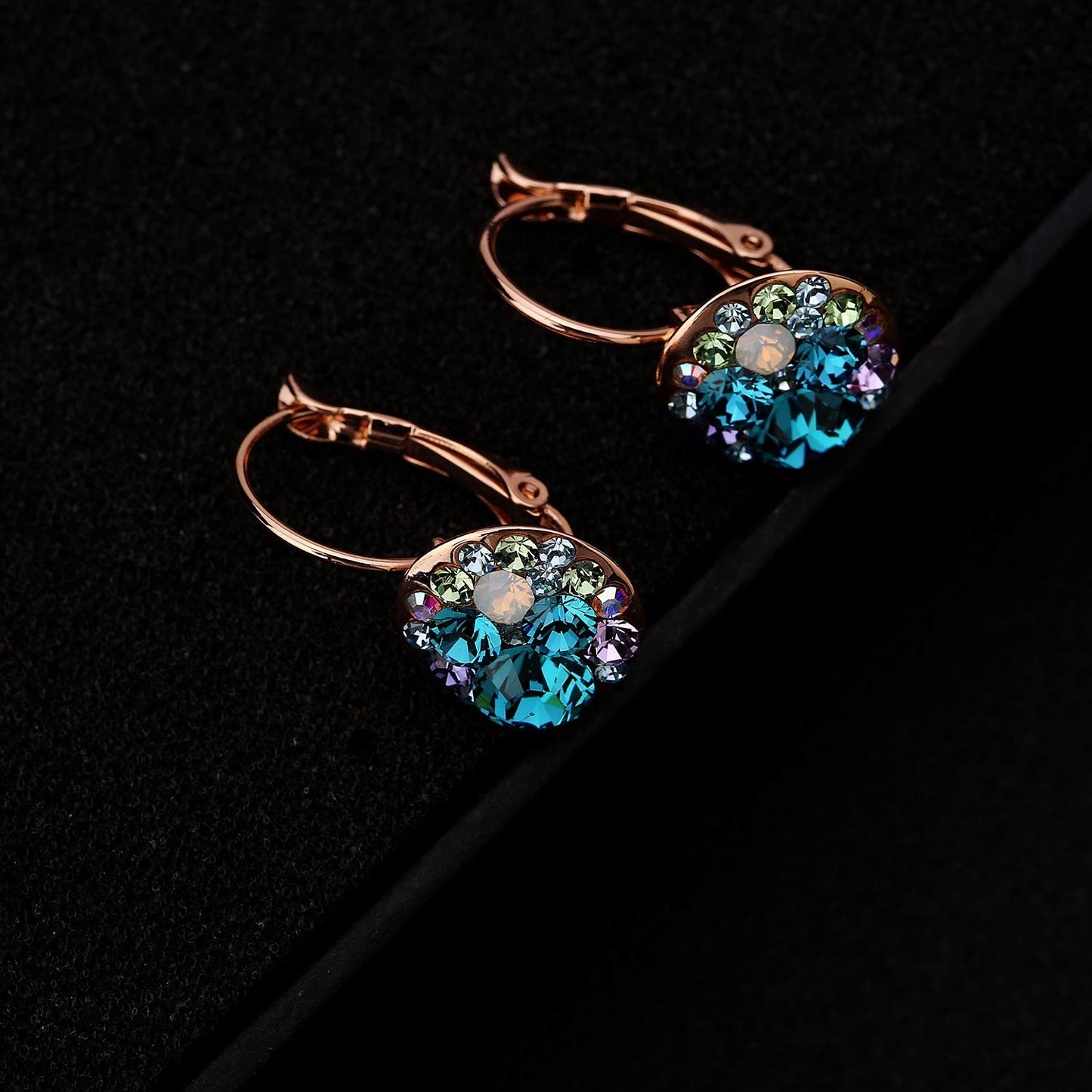 Multicolored Austrian Crystal Earrings for Women 14K Gold Plated Leverback Dangle Hoop Earrings (Blue Green Crystals/Rose Gold-tone)