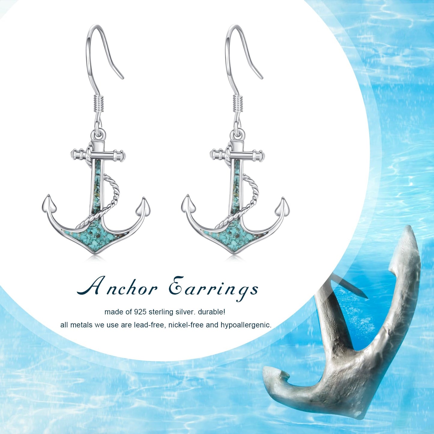 YYmqmq Anchor Earrings for Women 925 Sterling Silver Nautical Dangle Drop Earrings Turquoise Beach Themed Ocean Jewelry Gifts for Friends