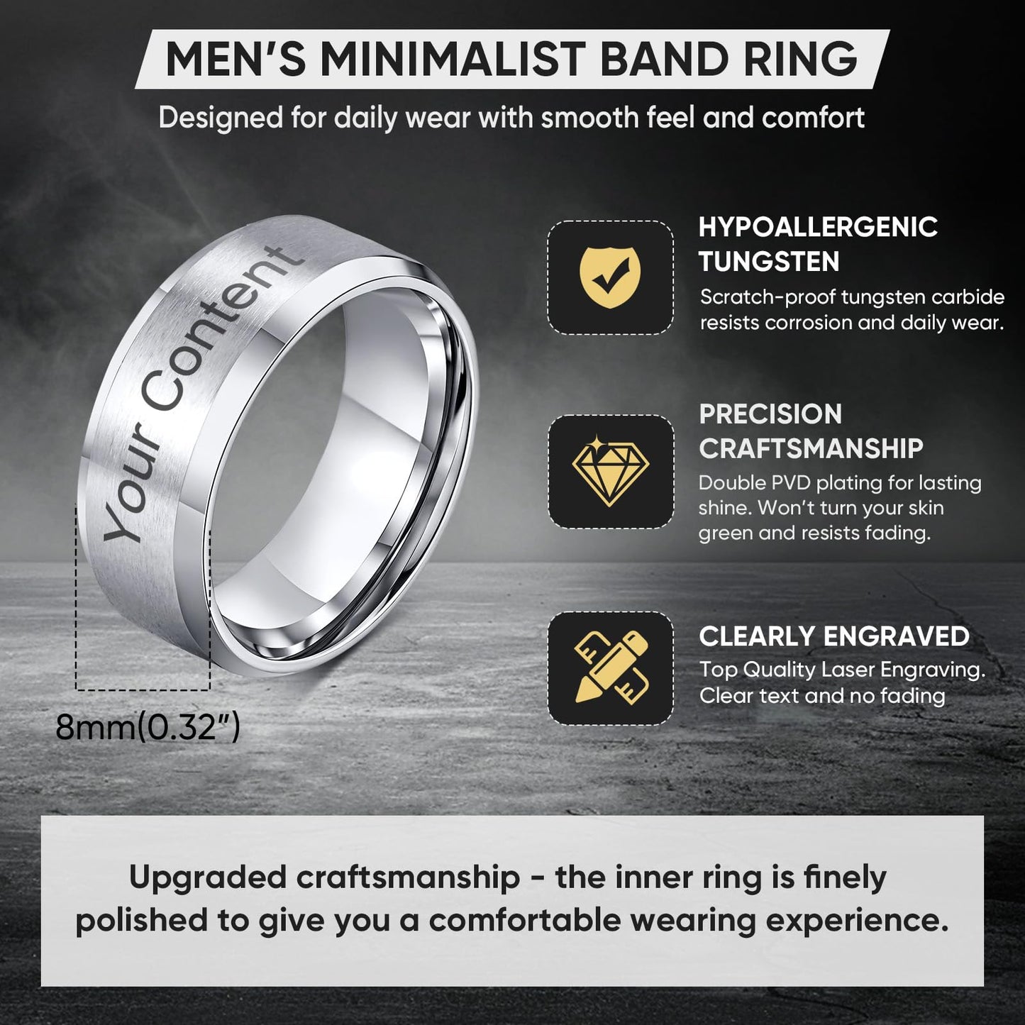 VNOX Mens 8mm Brushed Matte Tungsten Carbide Classical Simple Plain Personalized Custom Name Date Wedding Band Wedding Engagement Ring,Silver,Size 11