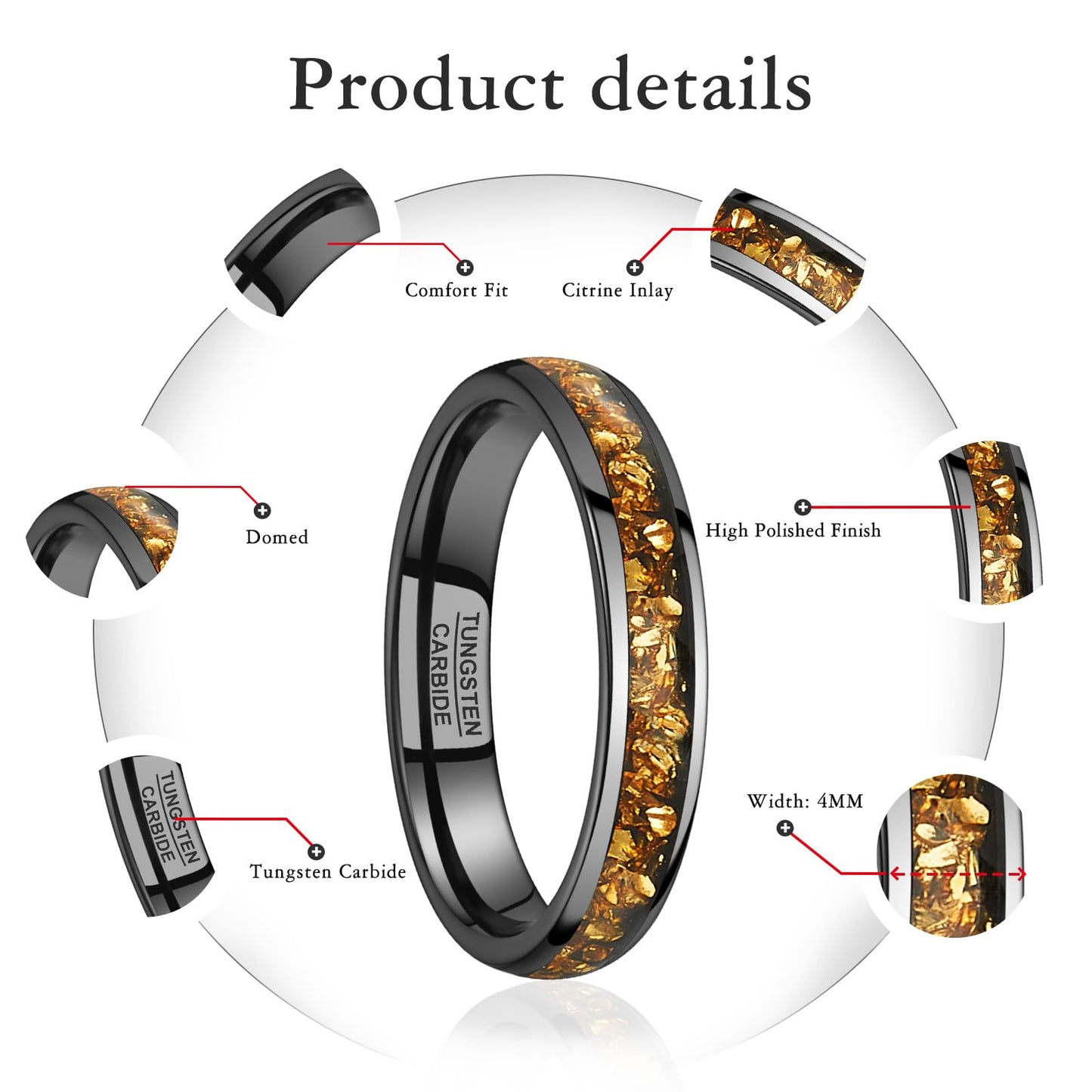 NUNCAD Women's Tungsten Rings 4mm Black Wedding Band Inlaid with Citrine Center Polished Domed Comfort Fit Size 6