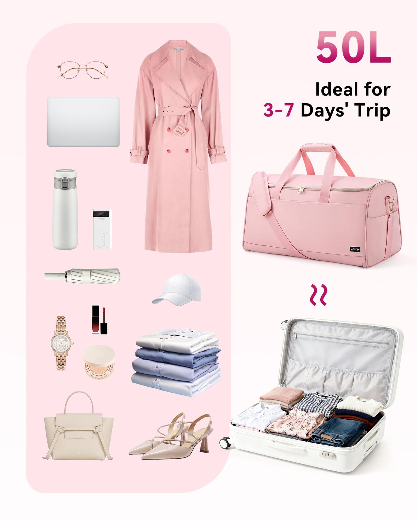 Convertible Travel Garment Bag, Carry on Garment Duffel Bag, 2 in 1 Hanging Dress Suitcase Suit Travel Bags, for Business Trips with Shoe Compartment & Multiple Pockets, AGPTEK (Pink)