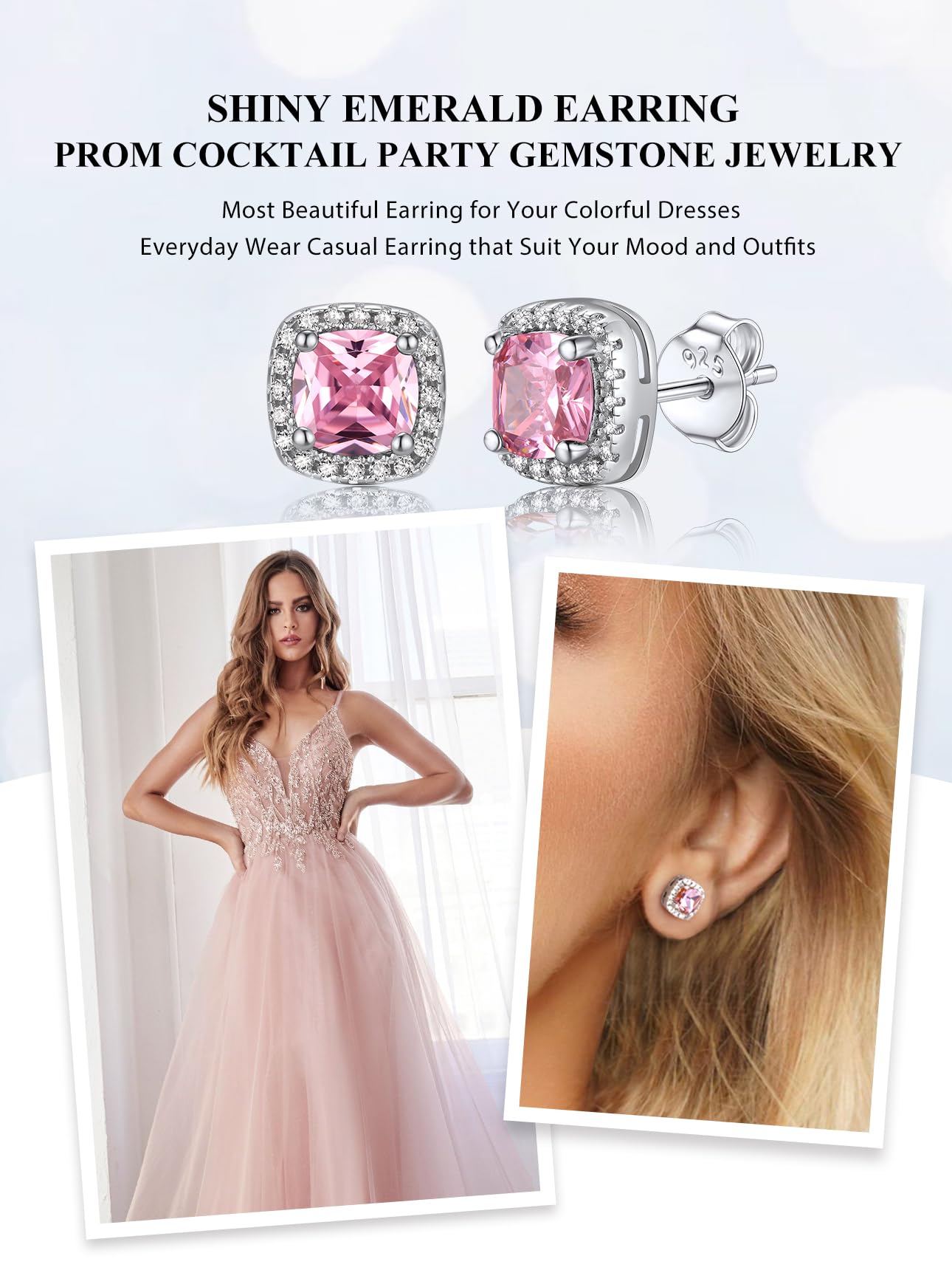 Bestyle Emerald Cut Pink Gemstone Tourmaline Earrings White Gold Vermeil Sterling Silver Sparkle Small Silver Studs Birthstone Earrings for Women Mothers Day Gifts for Wife Mom