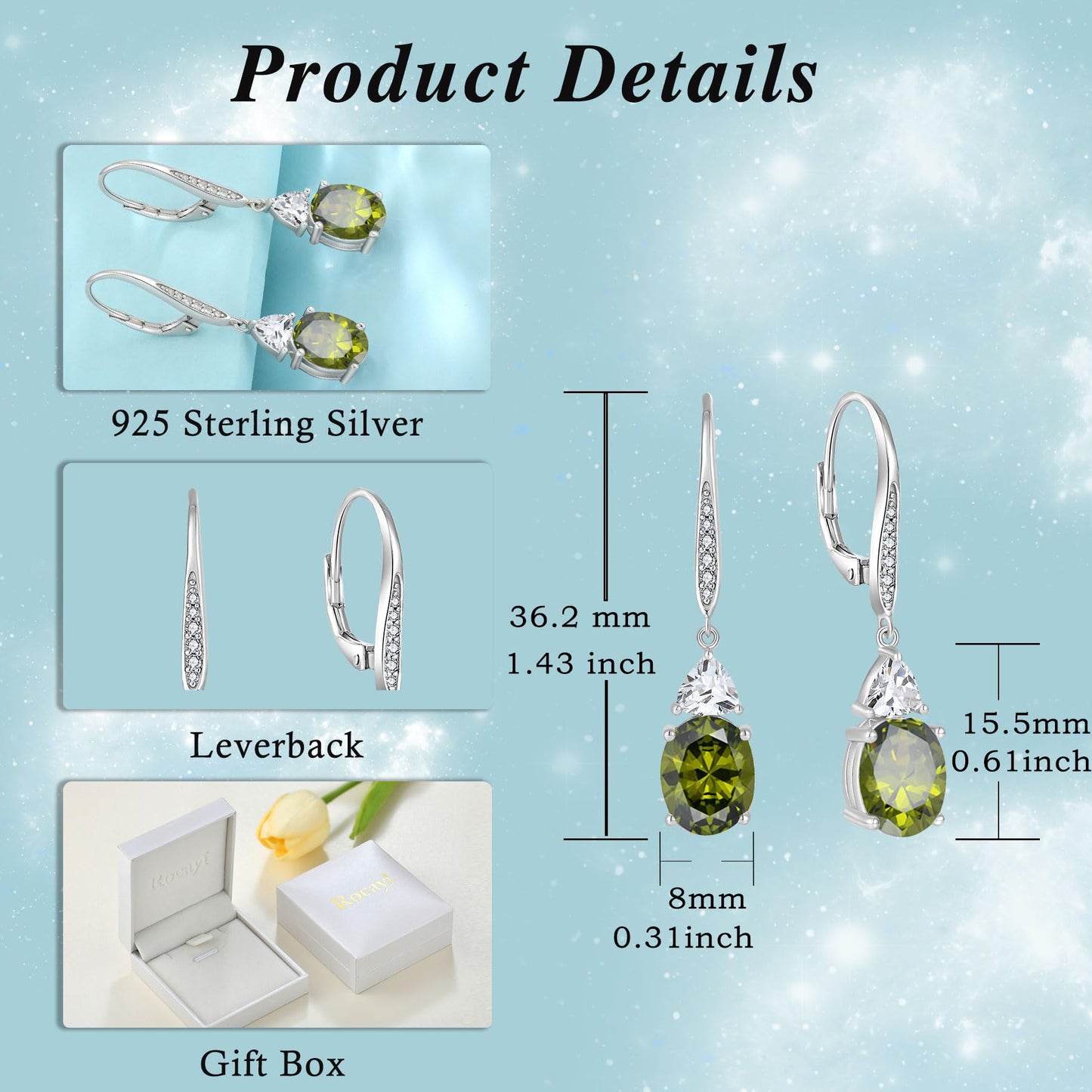 Rocayi Oval Peridot Earrings for Women 925 Sterling Silver Dangle Drop Leverback Earrings August Birthstone Jewelry for Her