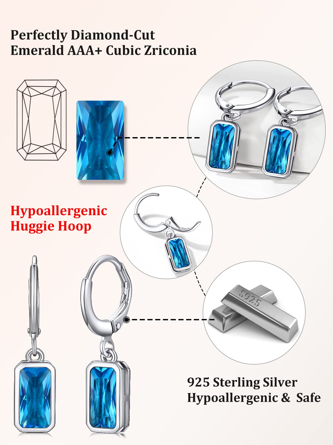 Bestyle Created Blue Topaz Drop Birthstone Earrings for Women Girls - Small Silver Baguette Dangle Earrings for Sensitive Ears