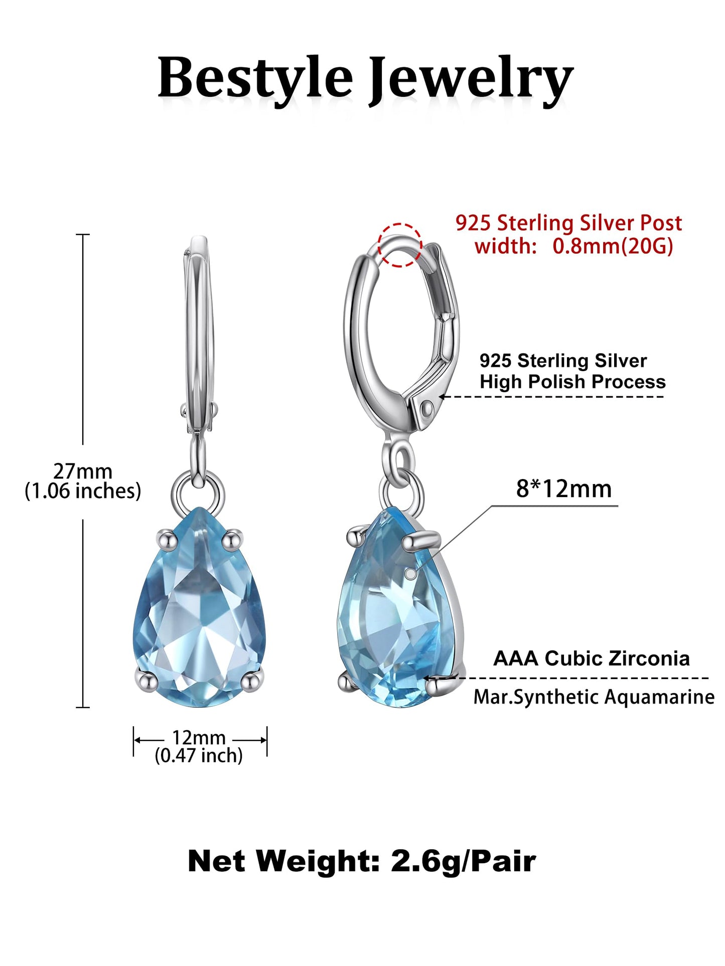 Bestyle Silver March Birthstone Dangle Earrings - Created Teardrop Aquamarine Crystal Drop Blue Earrings - Trendy Cute Women's Small Hoop CZ Dangle Earrings for Party Gowns
