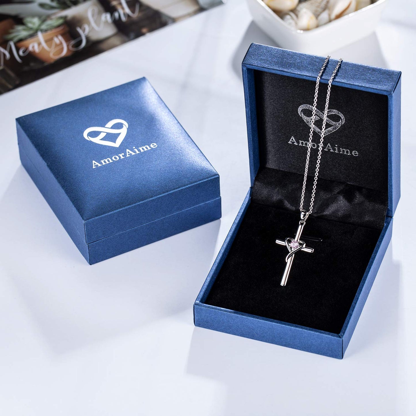 AmorAime 925 Sterling Silver Cross Necklace for Women Men 14K Gold Plated 5A CZ Birthstone Necklaces for Holiday (J.Pink-October-Tourmaline)