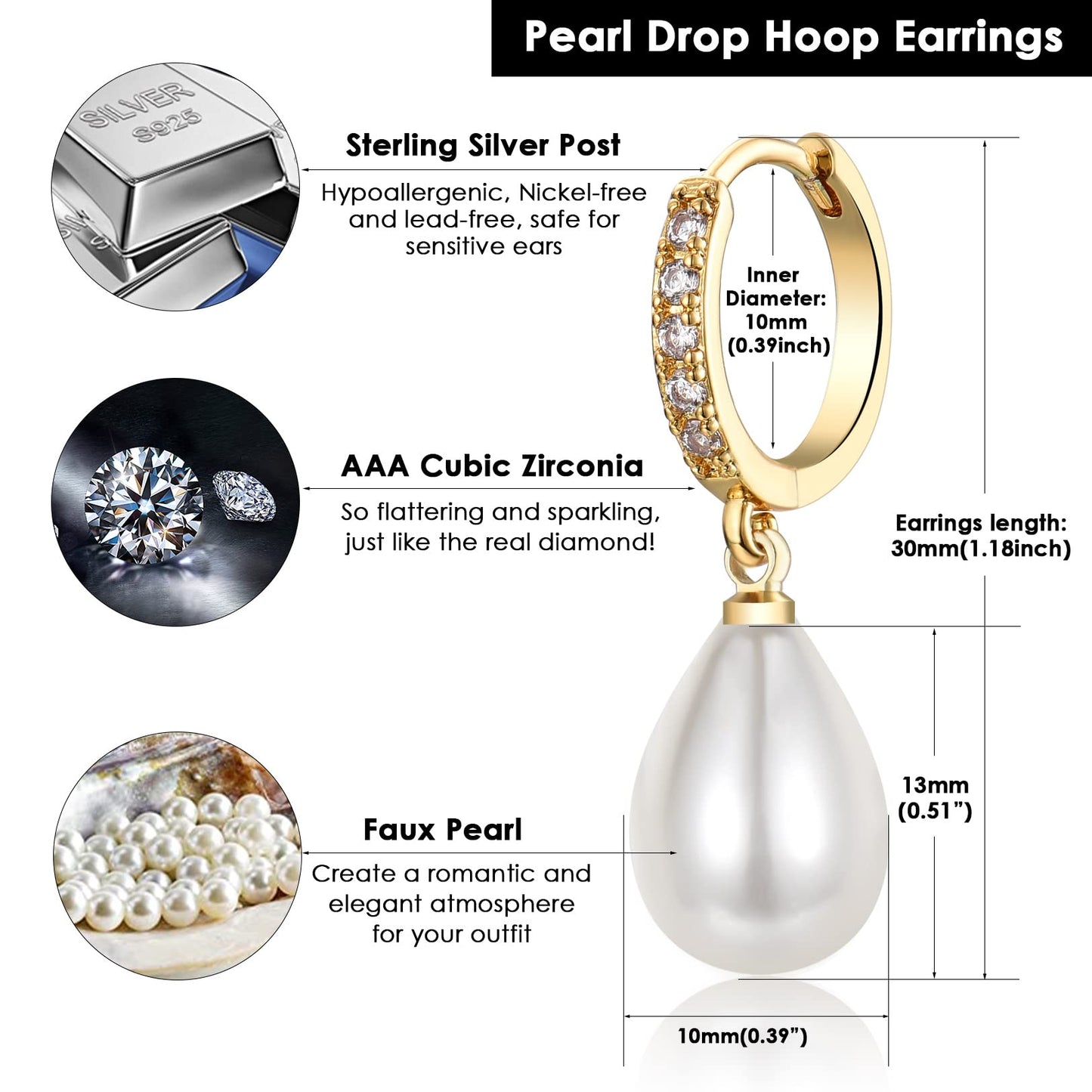 CERSLIMO Gold Pearl Drop Earrings for Women | S925 Sterling Silver Post Simulated Shell Teardrop Pearl Hoop Dangle Earrings, Hypoallergenic Cubic Zirconia Huggies Earrings Bridesmaid Jewelry