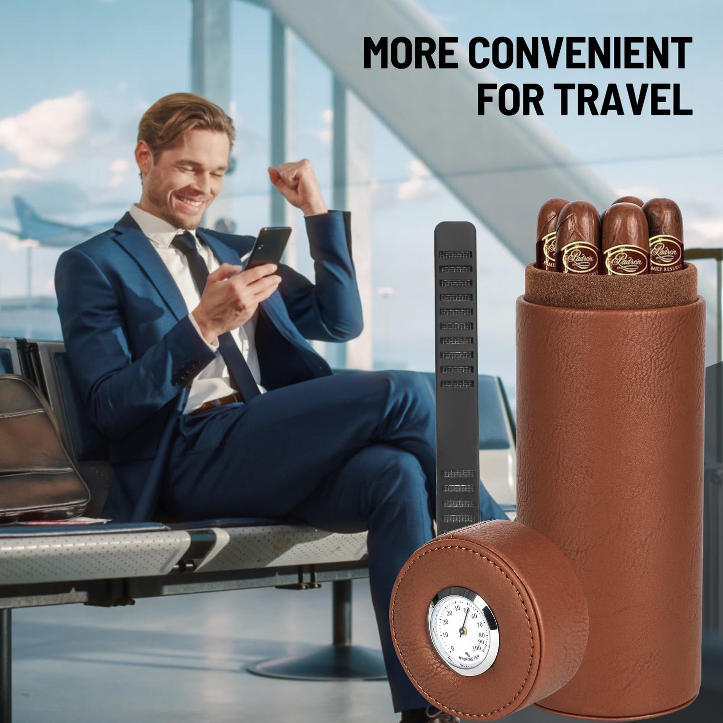 Premium Brown Cylindrical Cigar Humidor with Hygrometer and Cedar Wood Lining, Sealed Portable Leather Cigar Humidifier for Travel Cigar Case and Home Use Father's Day, boyfriends,Christmas