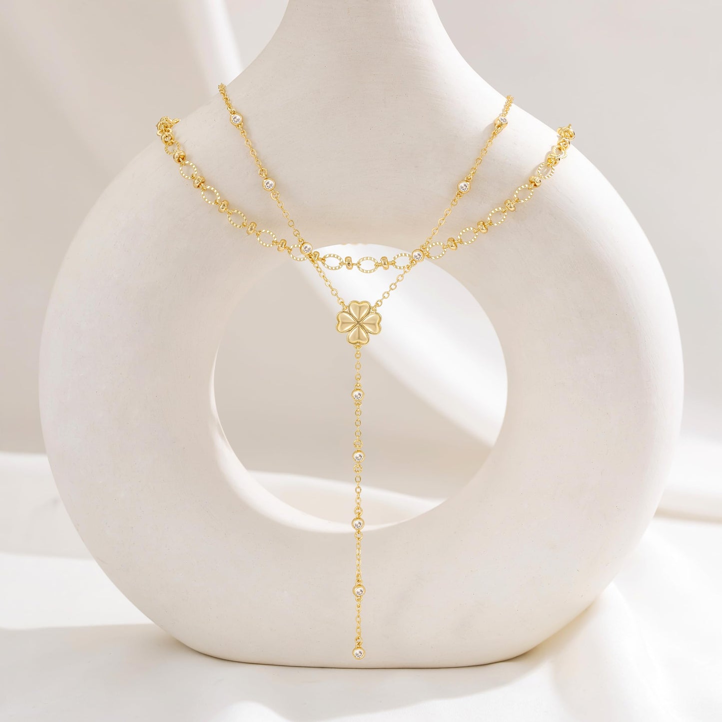 CHESKY Lariat Gold Necklace for Women, Dainty Long Necklace 14k Gold Plated Y-Shaped Pendant Necklace Trendy Paperclip Chain Four Leaf Drop Necklaces Simple Gold Jewelry for Women Gifts