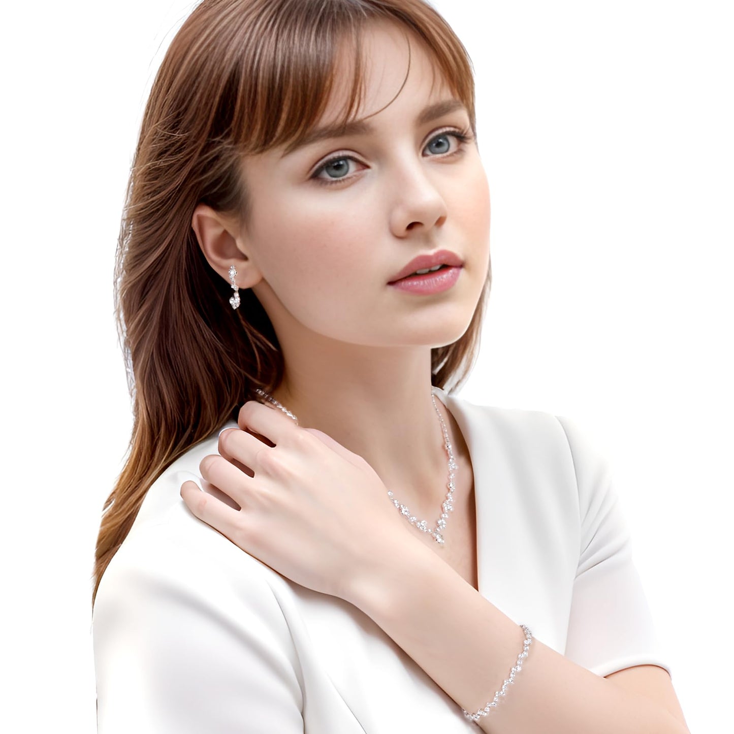 Jmkcoz Women Jewelry Set Silver Necklace Earrings Bracelet Rhinestone Crystal Bridal Wedding Jewelry Sets for Brides Bridesmaid Wedding Party (Style 2)