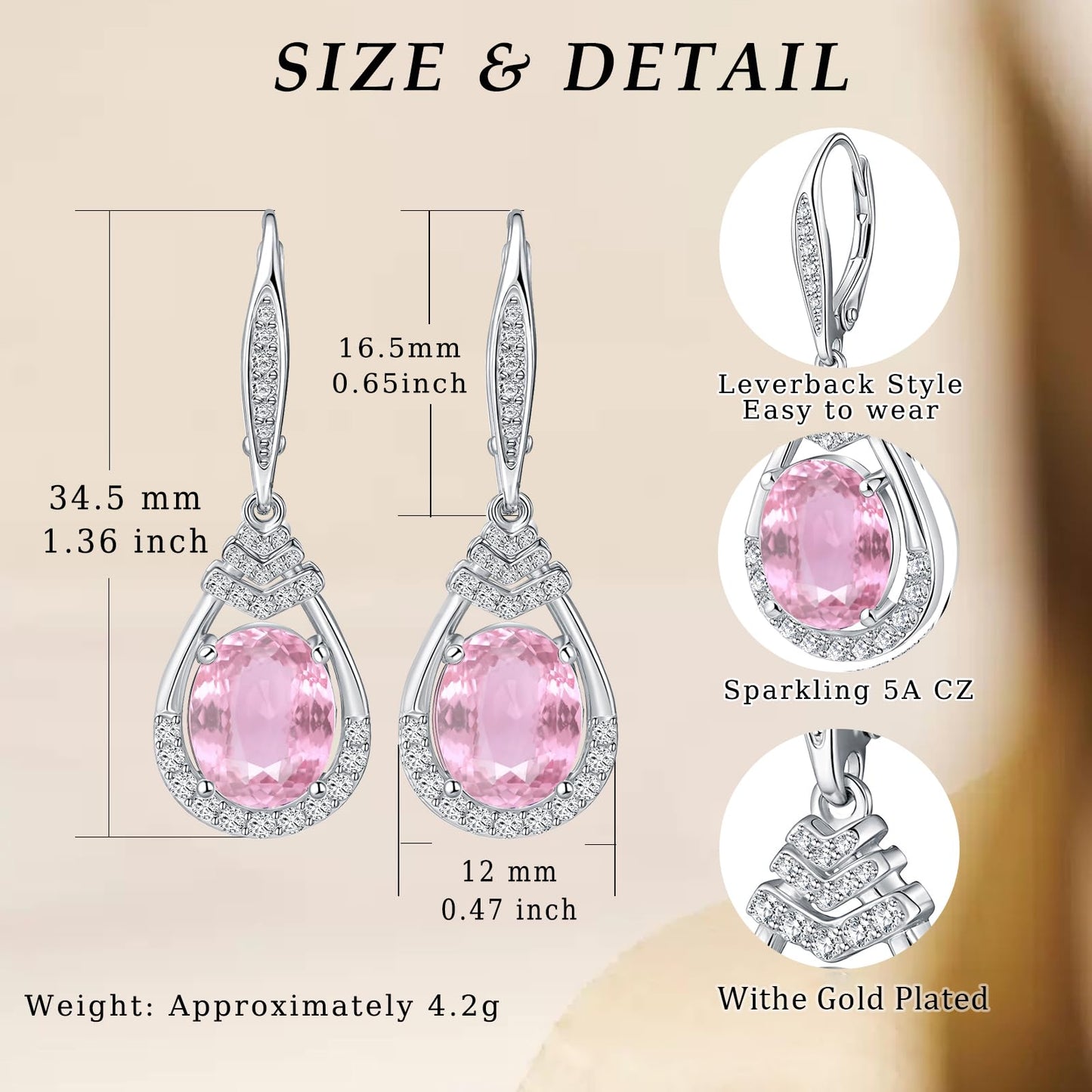 Sparkling Pink Tourmaline Earrings for Women S925 Sterling Silver October Birthstone Dangle Earrings for Women CZ Teardrop Leverback Drop Earring Jewelry Birthday Gifts for Girlfriend