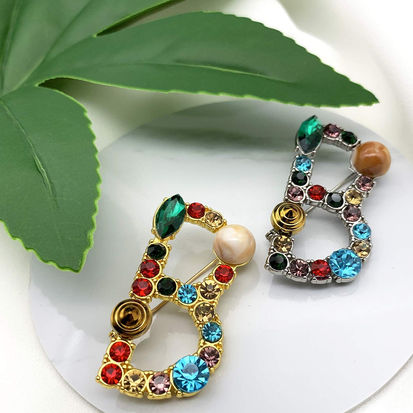 XGALBLA Letters B Plated Metal Stone Clear Colorful Crystal Lapel Pin Brooches Collar(Silver Tone)