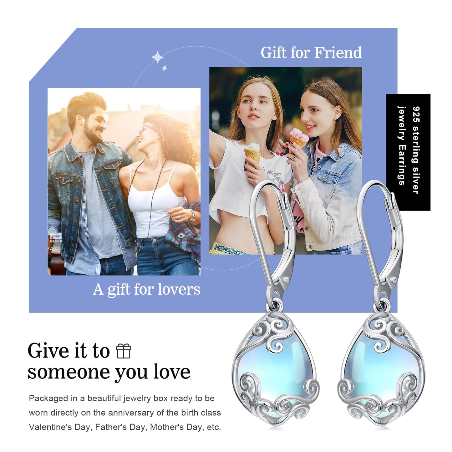 KoyeKei Filigree Moonstone Leverback Earrings for Women 925 Sterling Silver Moonstone Teardrop Dangle Drop Earrings Jewelry Filigree Anniversary Graduation Gifts for Girlfriend Her Lover