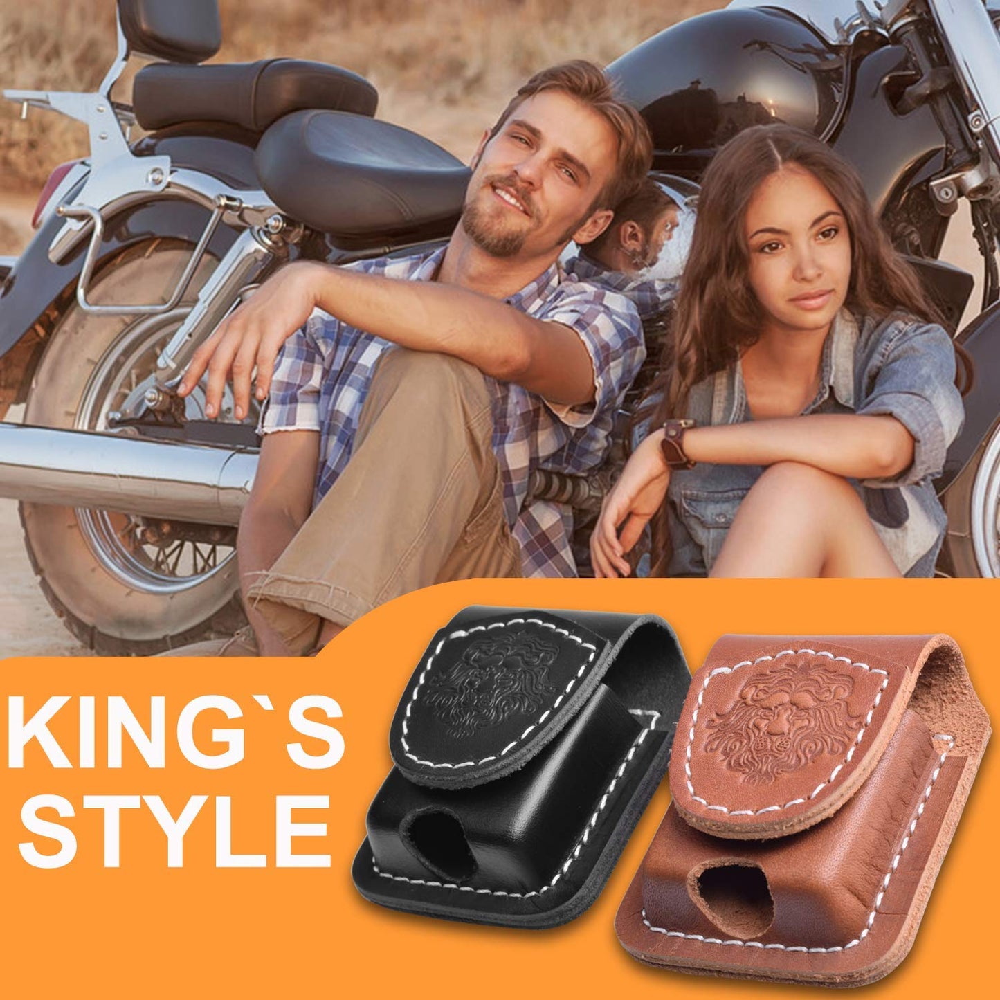 Handmade Fliptop Leather Lighter Pouch Holder Case with Pocket Belt Loop (Lion-Brown)
