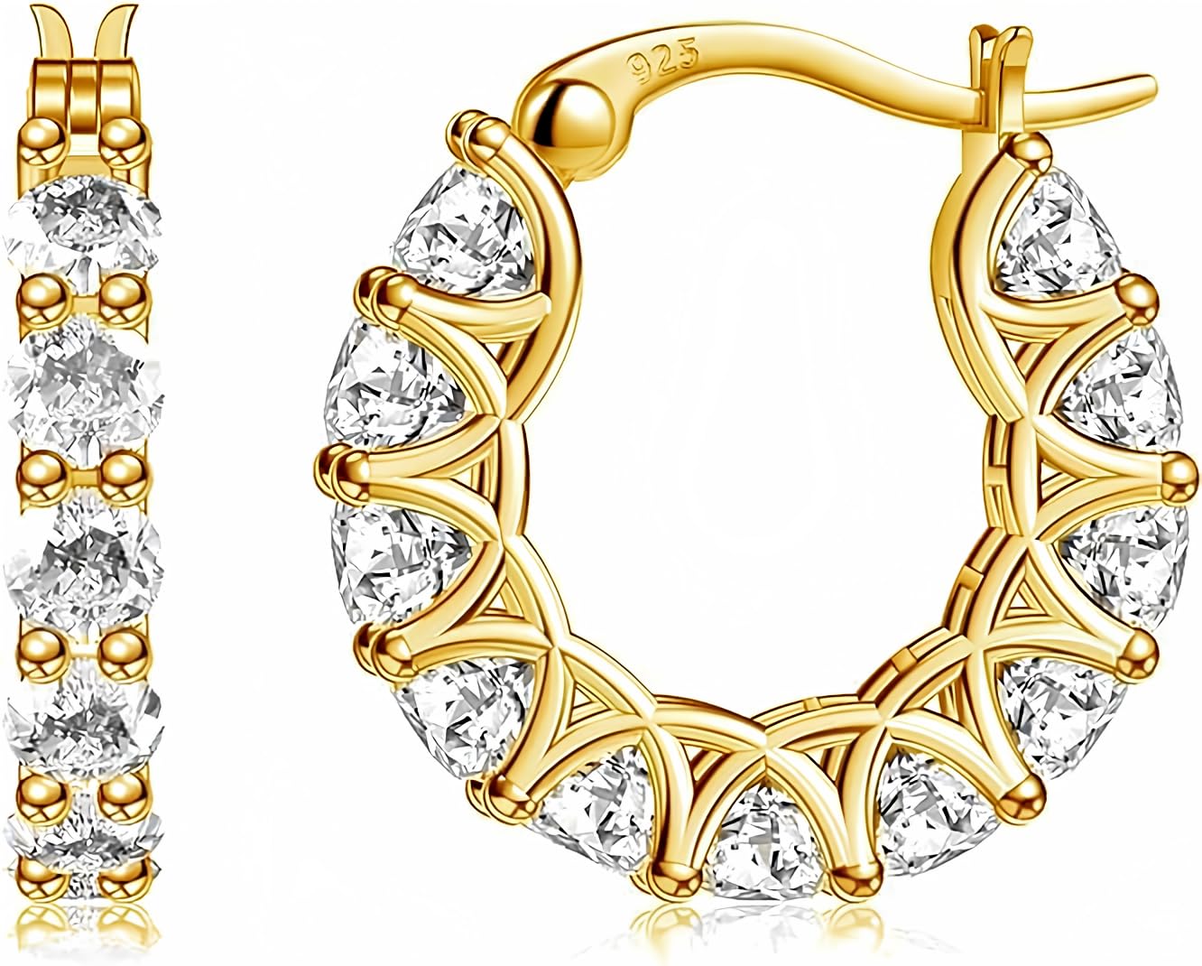 Allencoco Cubic Zirconia Huggie Hoop Earrings - Jewelry For Women, 14K Gold, 925 Sterling Silver Post Hypoallergenic (14K Gold 13CZ 21mm)