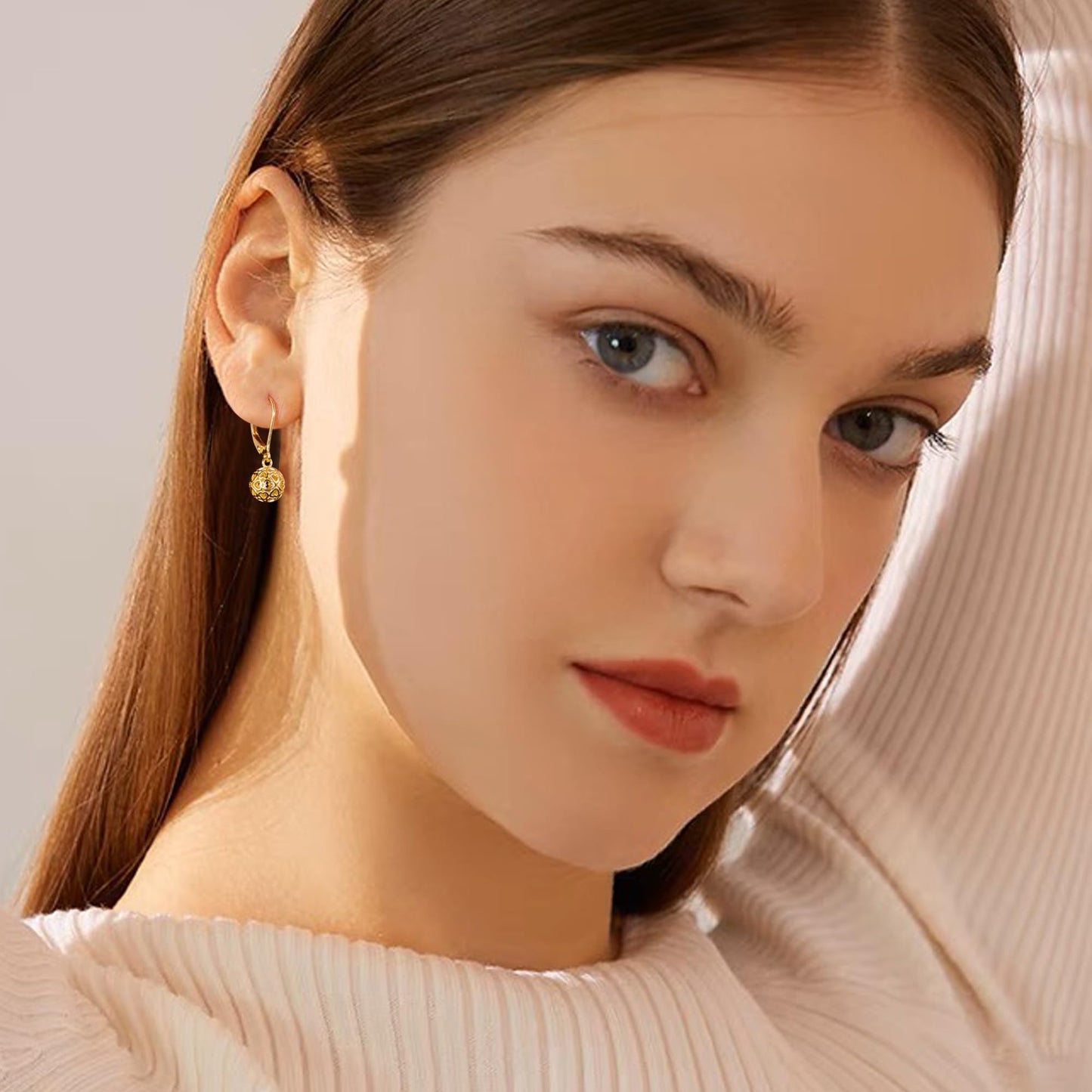 LANCHARMED 14K Gold Ball Dangle Drop Earrings for Women, 925 Sterling Silver Trendy French Style Heart Leverback Earrings Hypoallergenic Jewelry