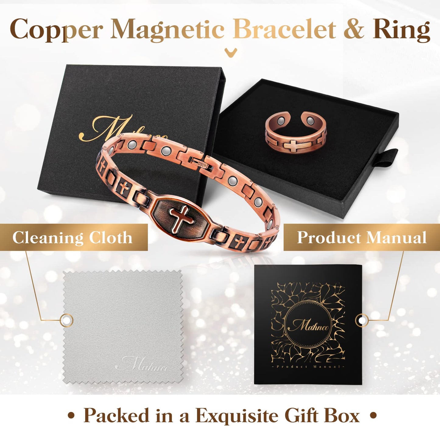 Mahnco Magnetic Copper Bracelet & Ring for Women, Lymph Detox Bracelet for Joint with 3500 Gauss Strong Magnets-Jewelry Gifts with Adjust Tool