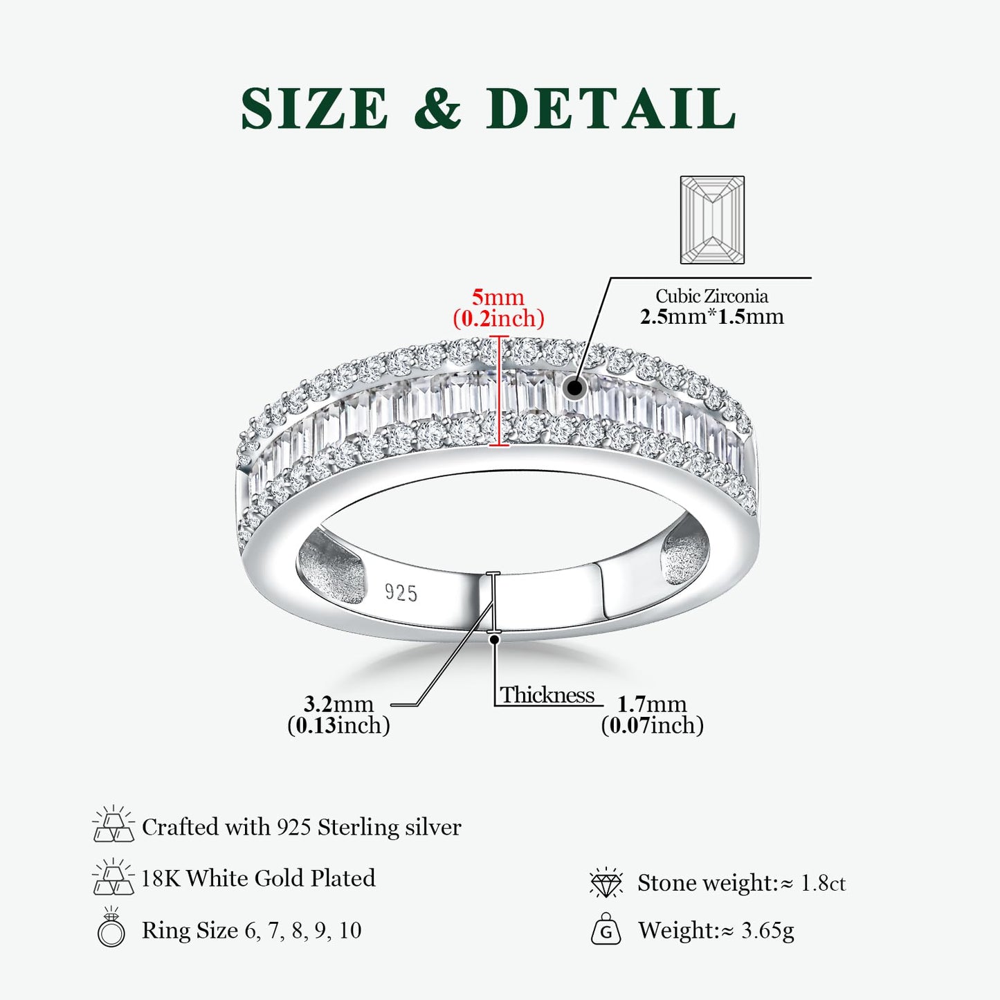 RANDES Cubic Zirconia Band Rings for Women Men Fake Diamond Emerald Cut Wedding Band Channel Set Eternity Ring Size 7.5